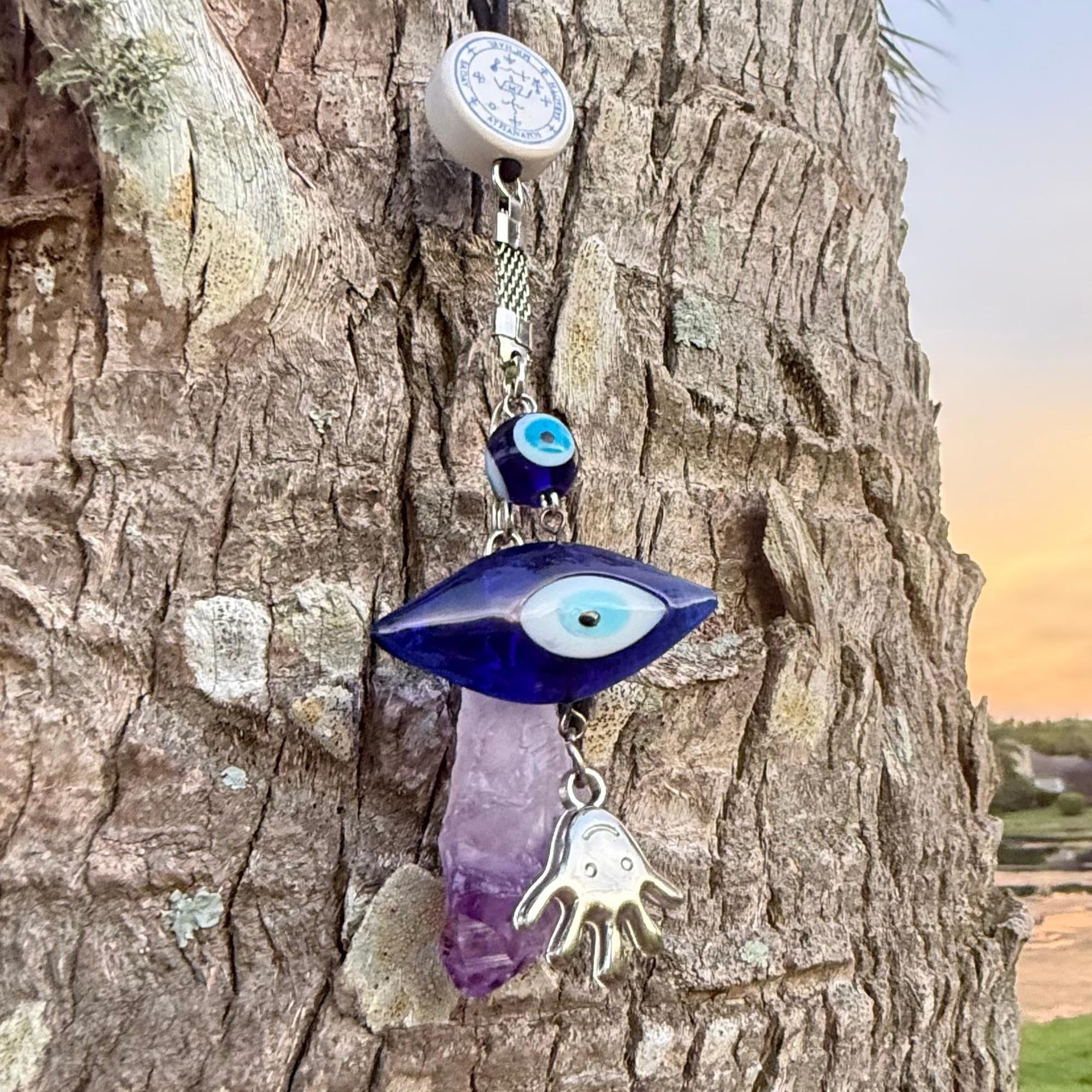 Archangel Michael Car Charm: Amethyst Evil Eye Amulet - King Solomon Sigil