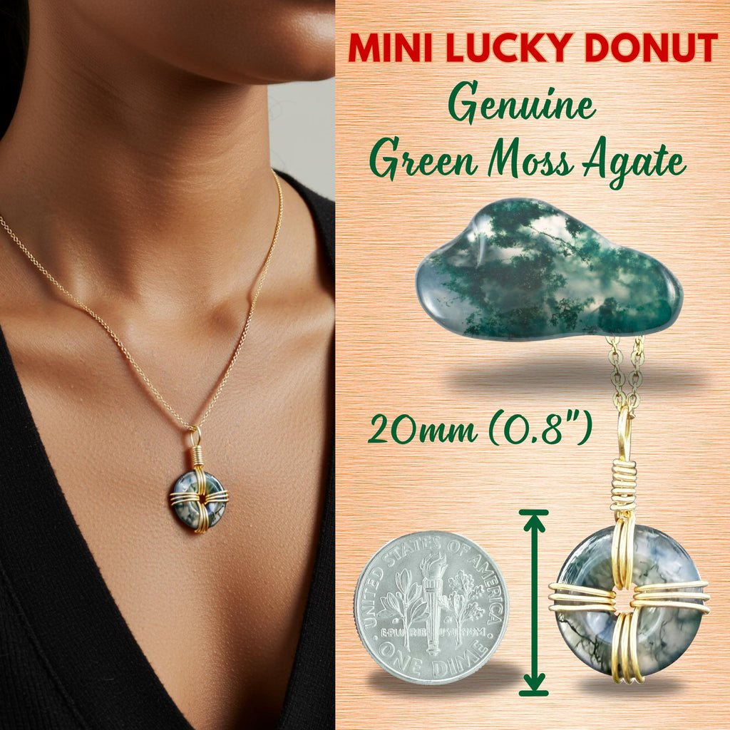 Celtic Cross Amulet in Green Moss Agate - 18 Inch Necklace - Fortune Donut Gemstone