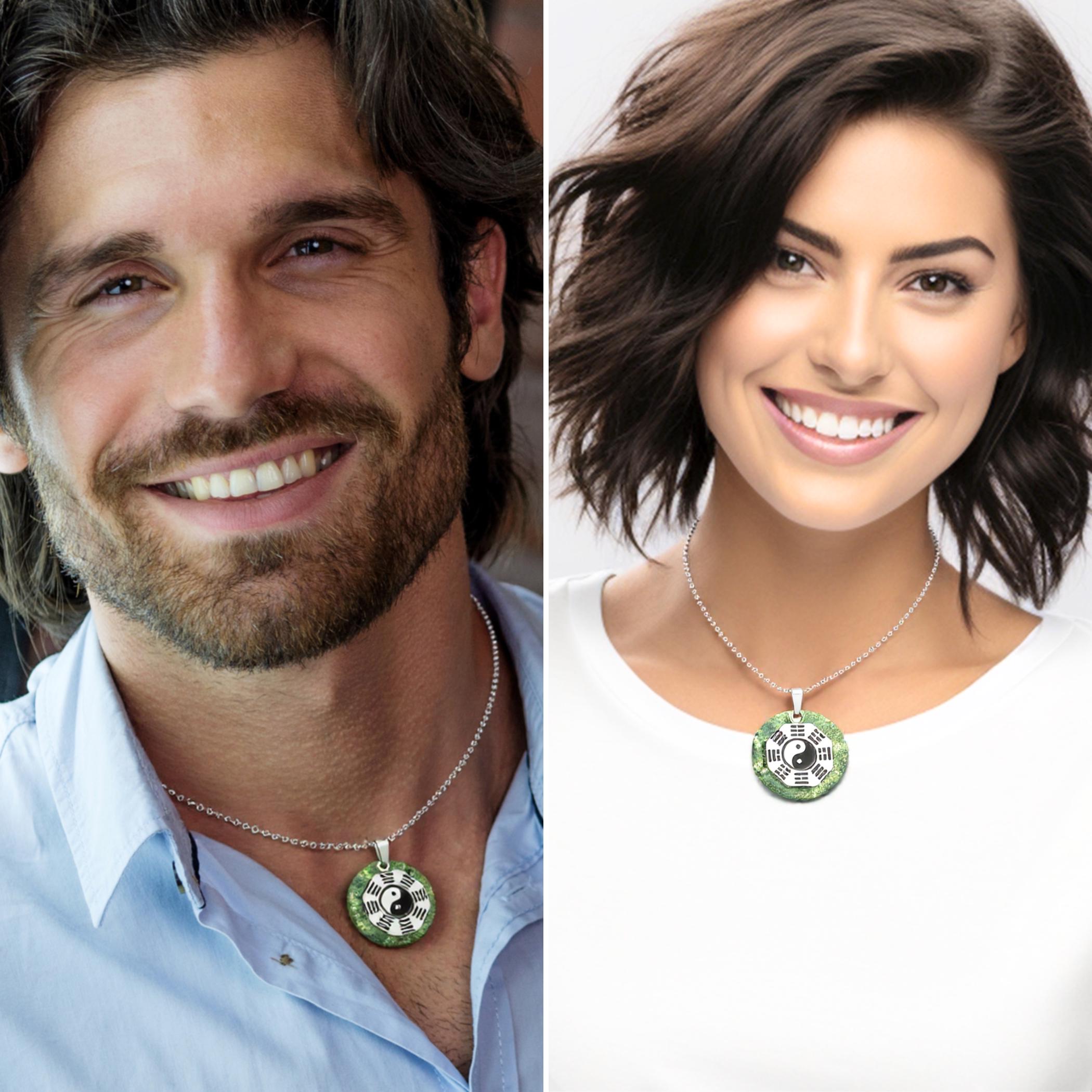 Green Moss Agate Yin Yang Amulet Necklace – Feng Shui BaGua Fortune Talisman Jewelry