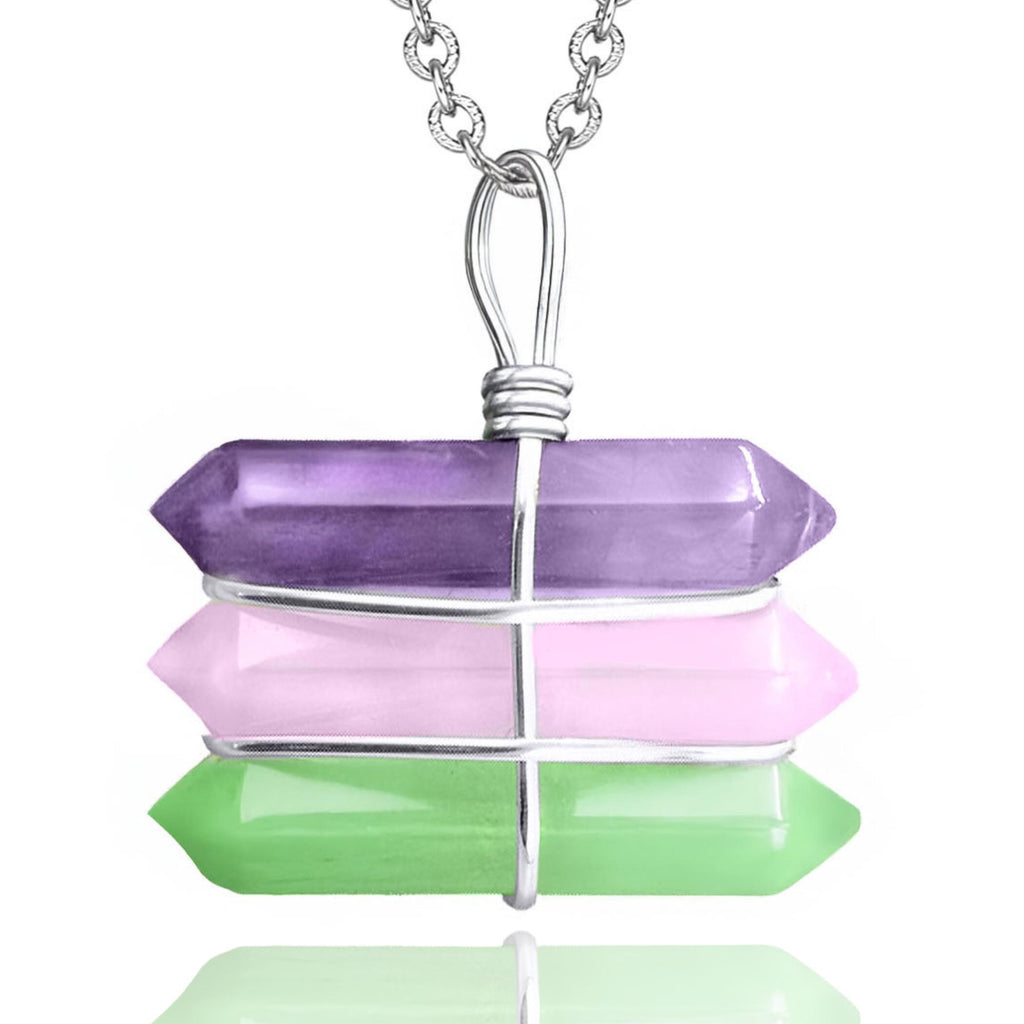 Triple Crystal Point Necklace - Amethyst, Rose & Green Quartz Amulet
