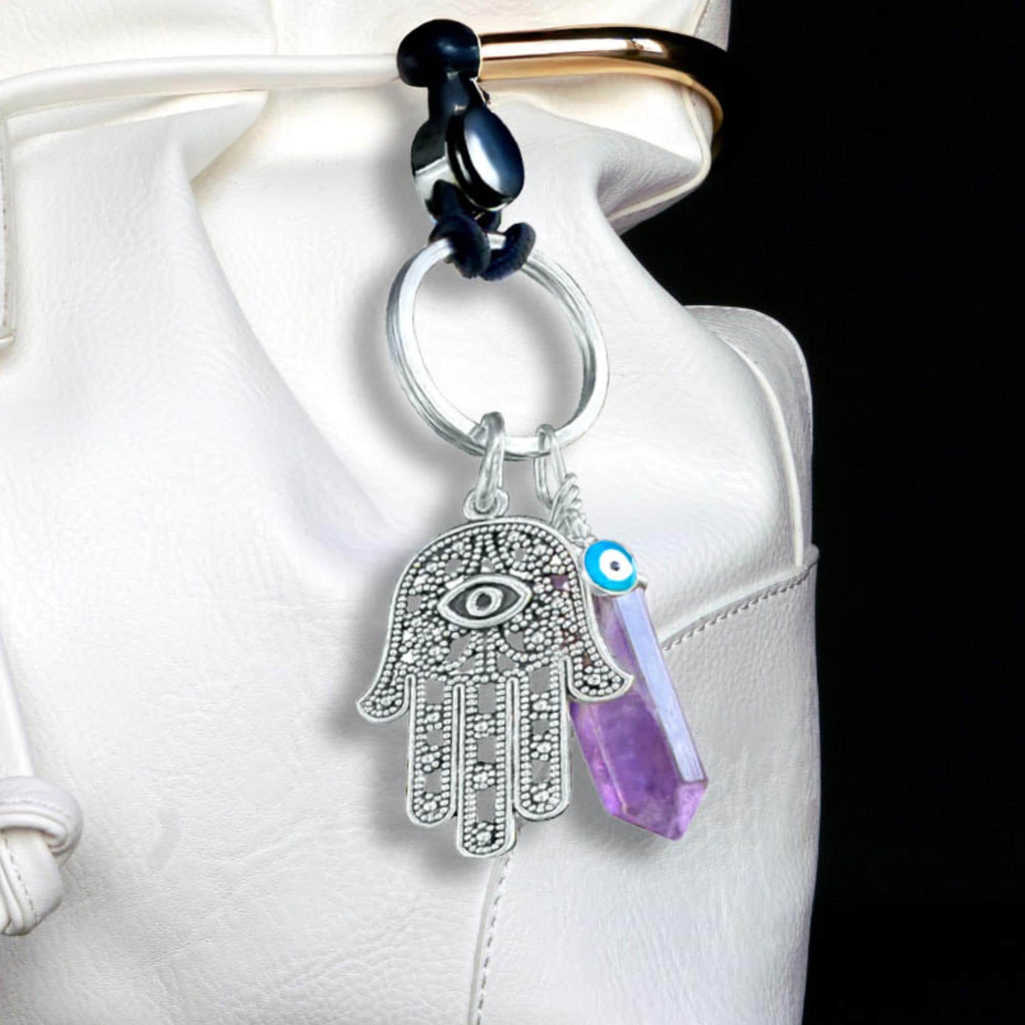Amethyst Hamsa Hand Keychain – Evil Eye Protection Amulet - Car Hanging Ornament