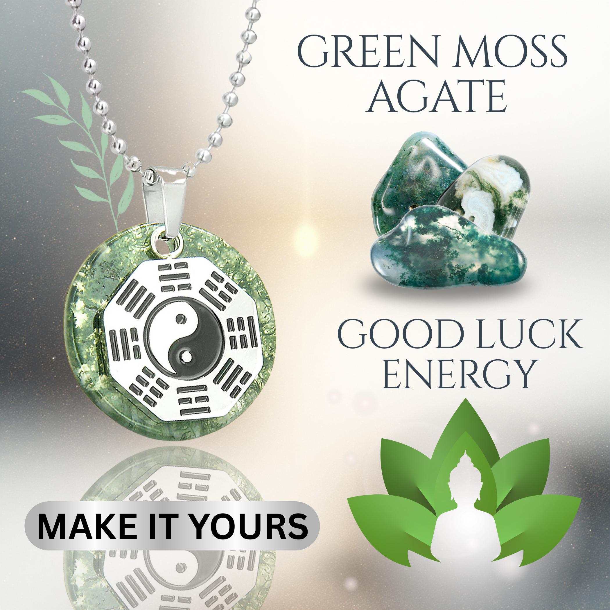 Green Moss Agate Yin Yang Amulet Necklace – Feng Shui BaGua Fortune Talisman Jewelry