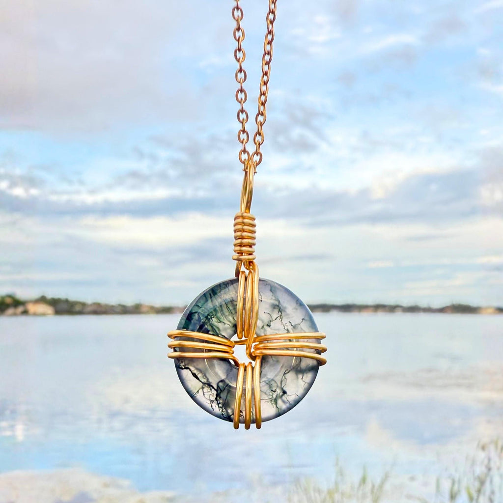 Celtic Cross Amulet in Green Moss Agate - 18 Inch Necklace - Fortune Donut Gemstone