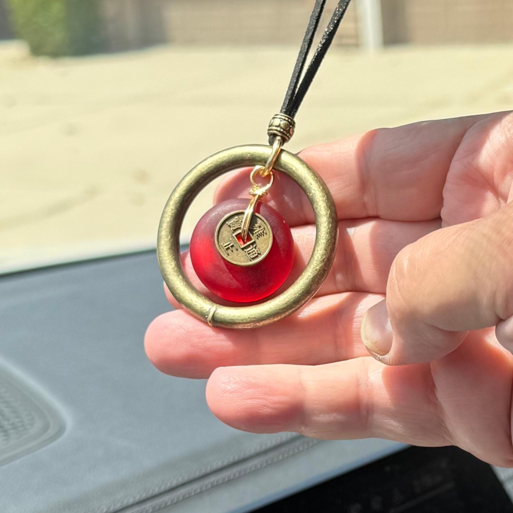 Sea Glass Car Amulet: Dragon Wheel of Fortune Charm