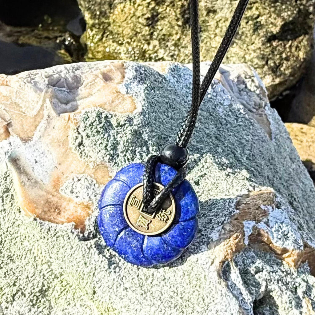 Lapis Lazuli Celtic Lotus Flower Lucky Coin Necklace Amulet - Feng Shui Spiritual Talisman