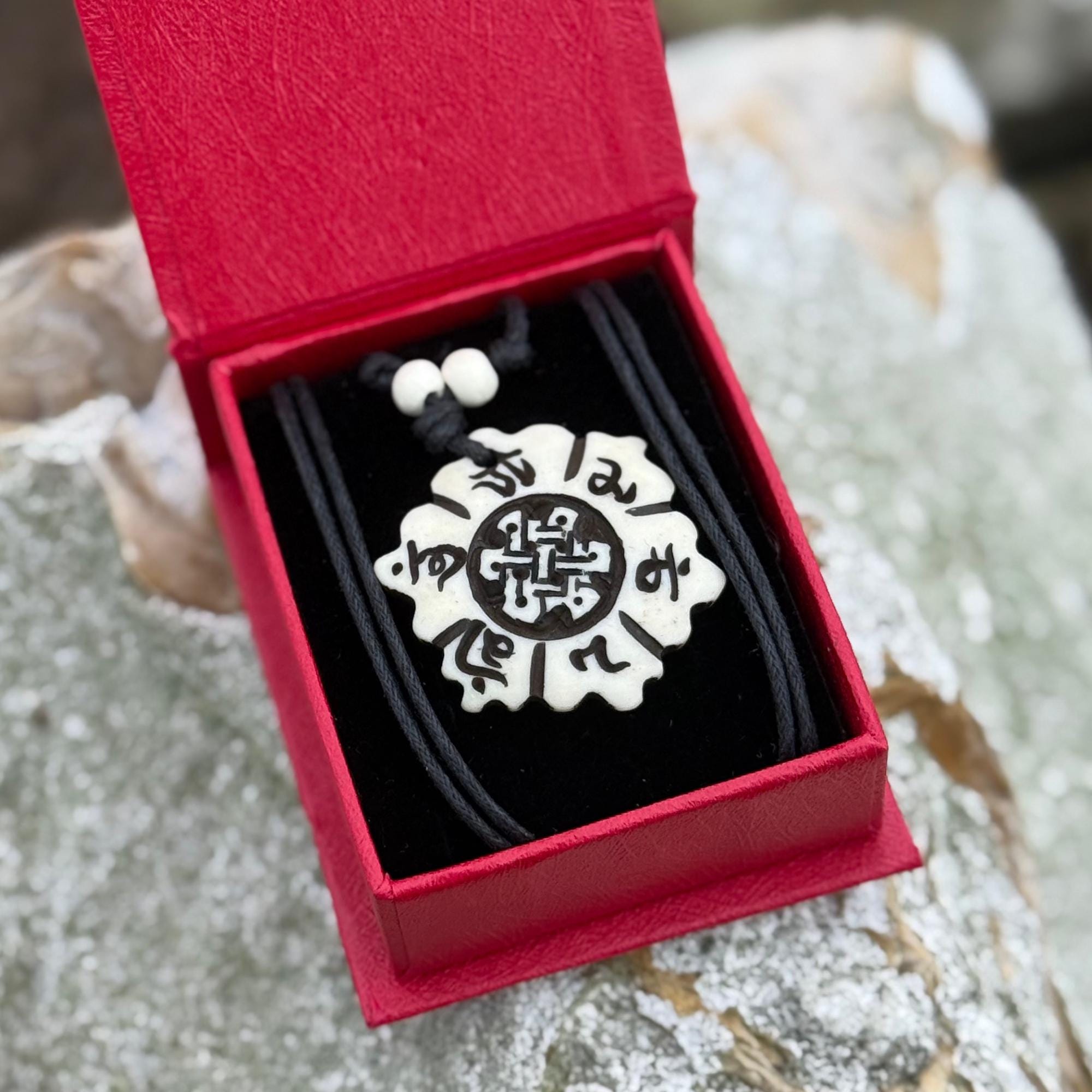 Yak Bone Lotus Mandala Necklace: Celtic Shield Knot, Om Mani Padme Hum