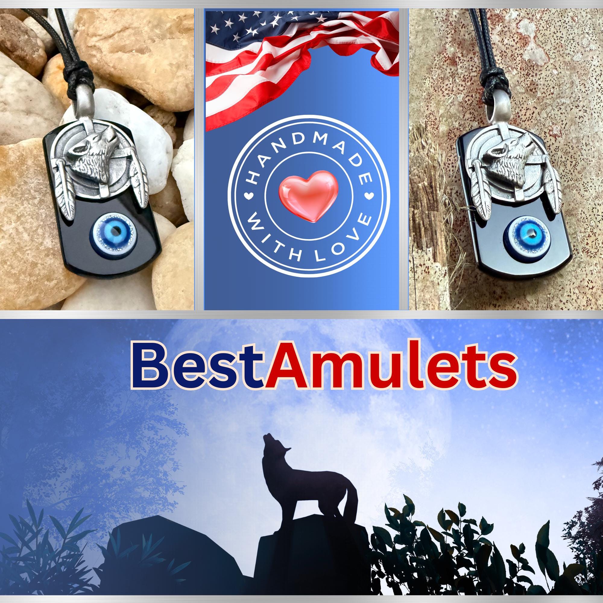 Black Agate Wolf Dreamcatcher Necklace – Evil Eye Protection Amulet