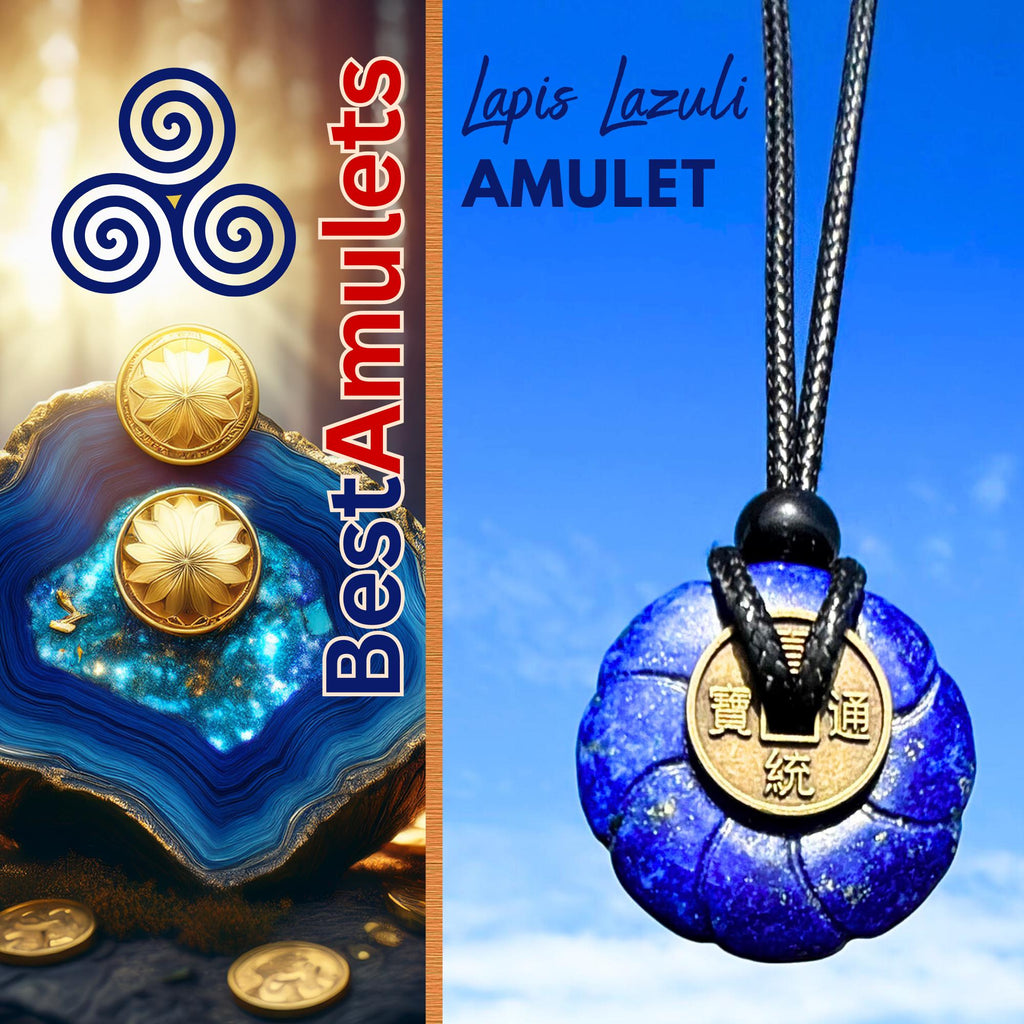 Lapis Lazuli Celtic Lotus Flower Lucky Coin Necklace Amulet - Feng Shui Spiritual Talisman