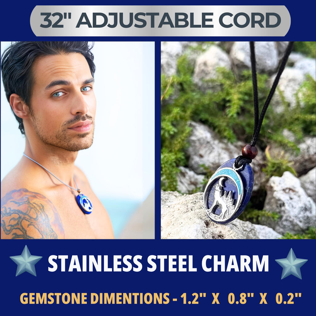 Lapis Lazuli Howling Wolf Necklace: Turquoise Moon Amulet
