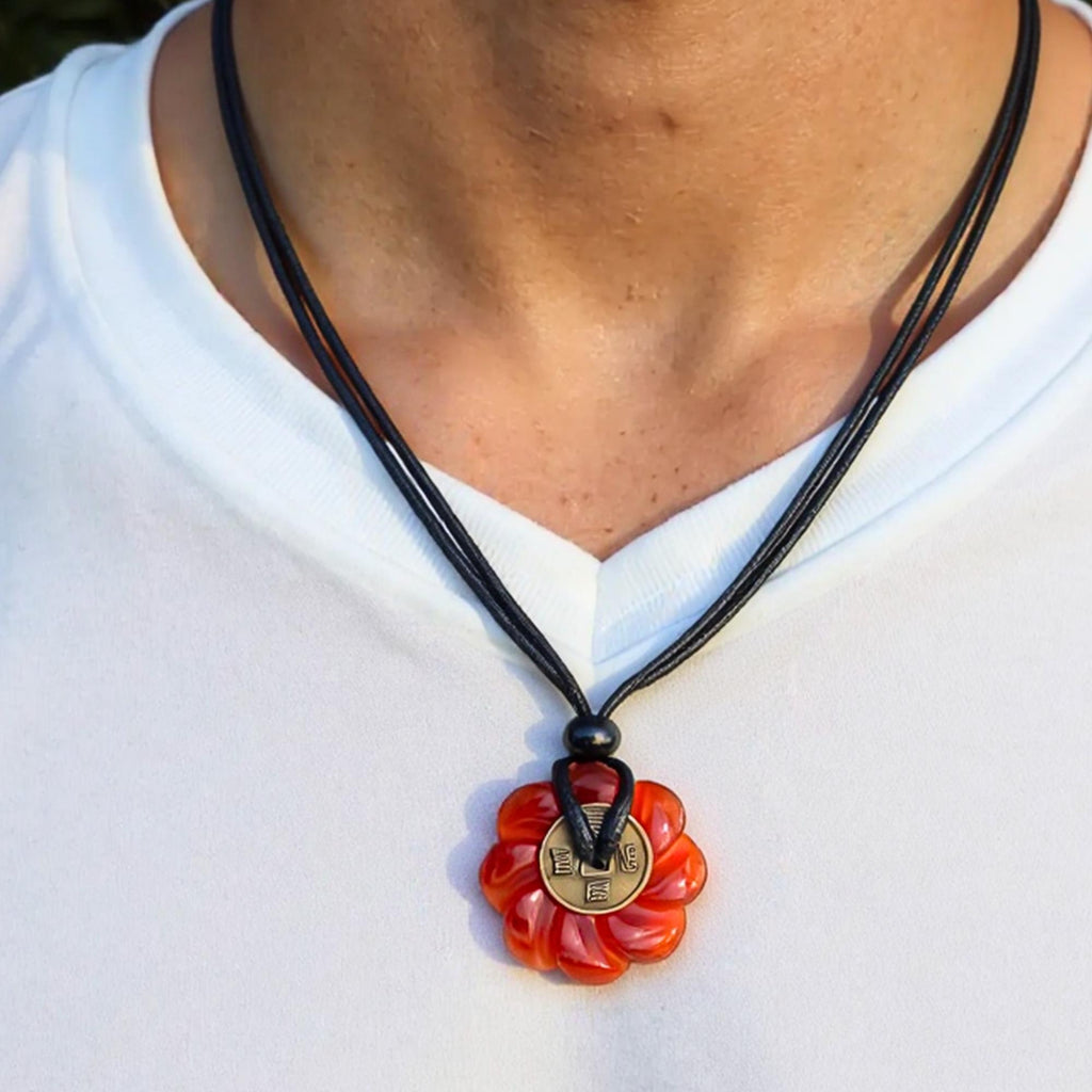Celtic Lotus Carnelian Lucky Coin Donut Amulet Necklace - Feng Shui Spiritual Protection Energy Jewelry