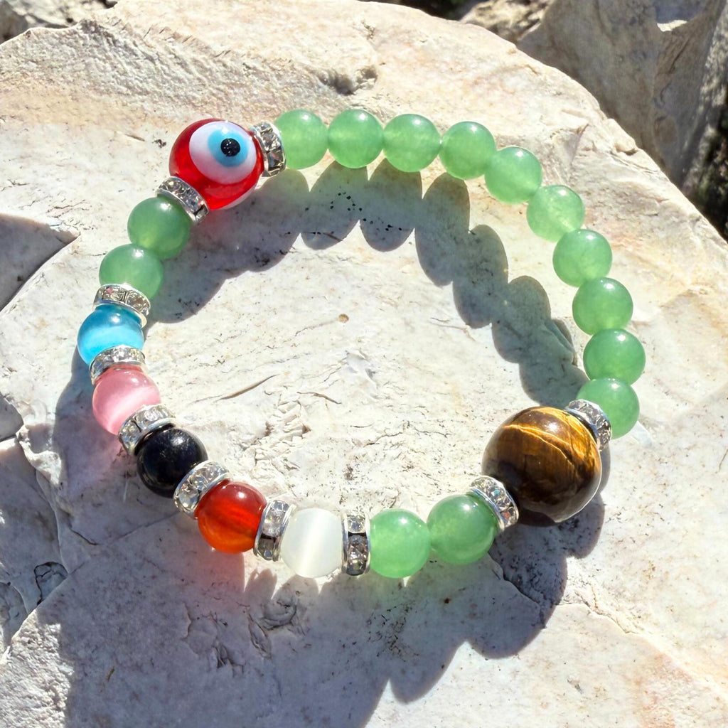 Green Quartz Money Talisman Bracelet – Tiger Eye and Evil Eye Amulet
