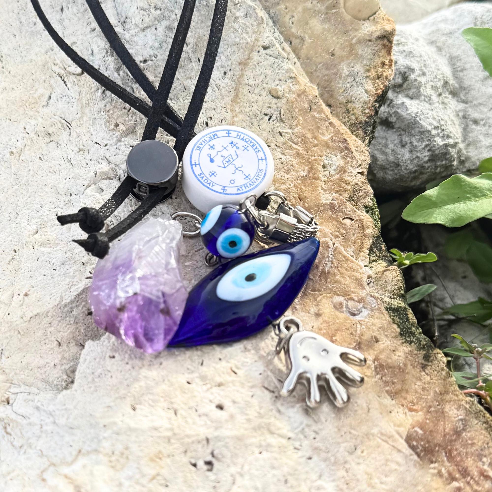 Archangel Michael Car Charm: Amethyst Evil Eye Amulet - King Solomon Sigil