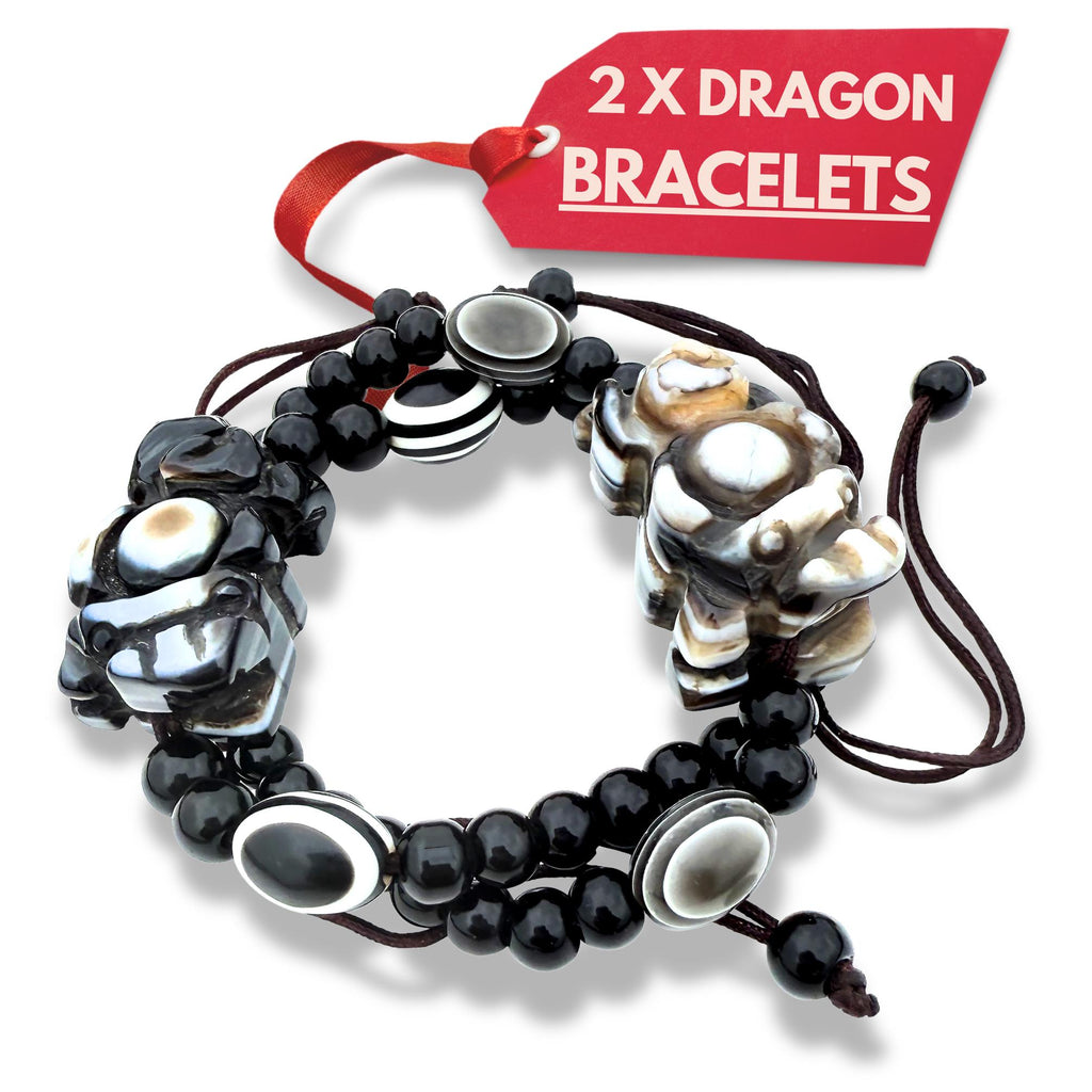 Dragon Carved Agate Bracelet - Matching Couples Set - Natural His Hers Amulets - Spiritual Protection Jewelry