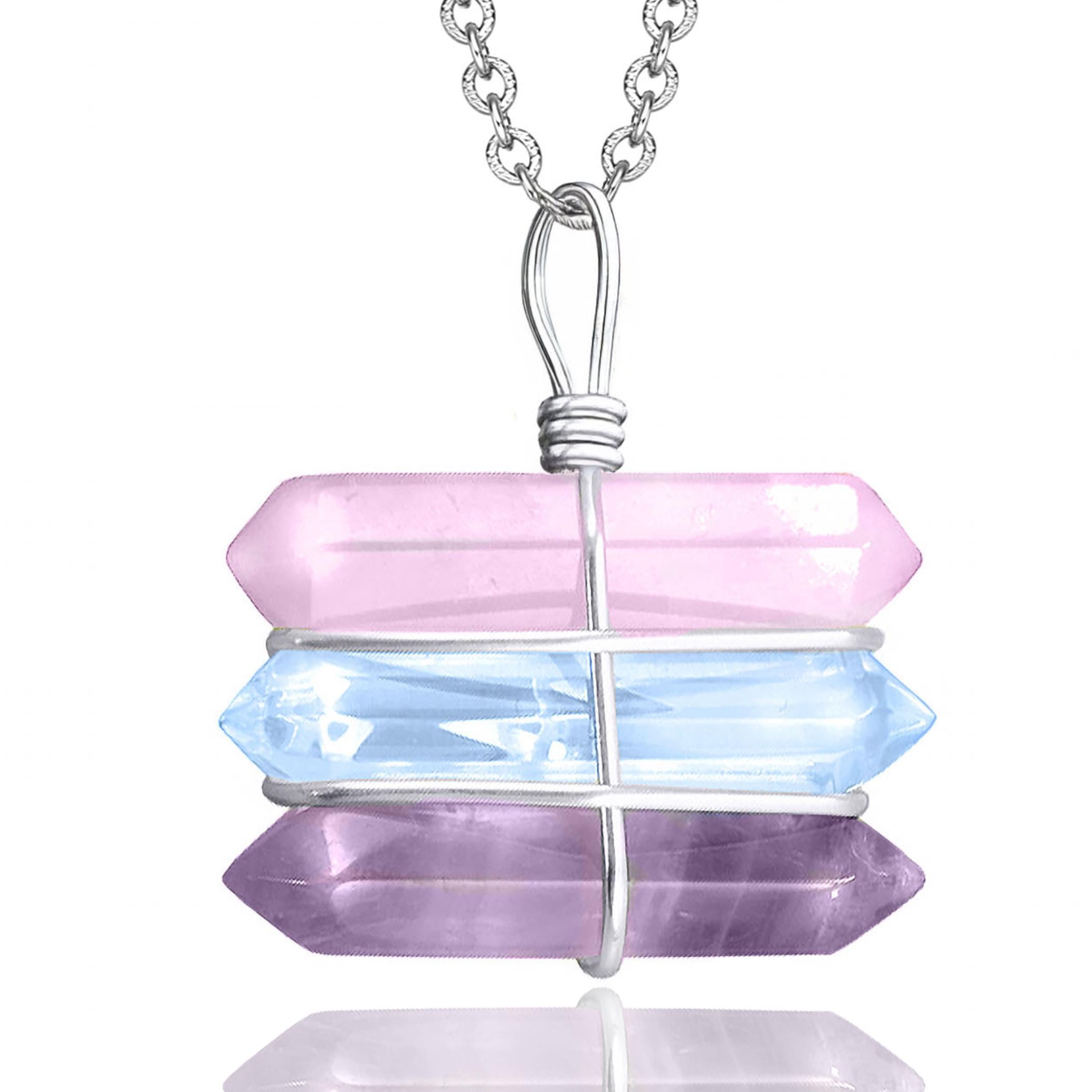 Triple Crystal Point Necklace – Amethyst, Rose and Clear Rock Quartz Amulet