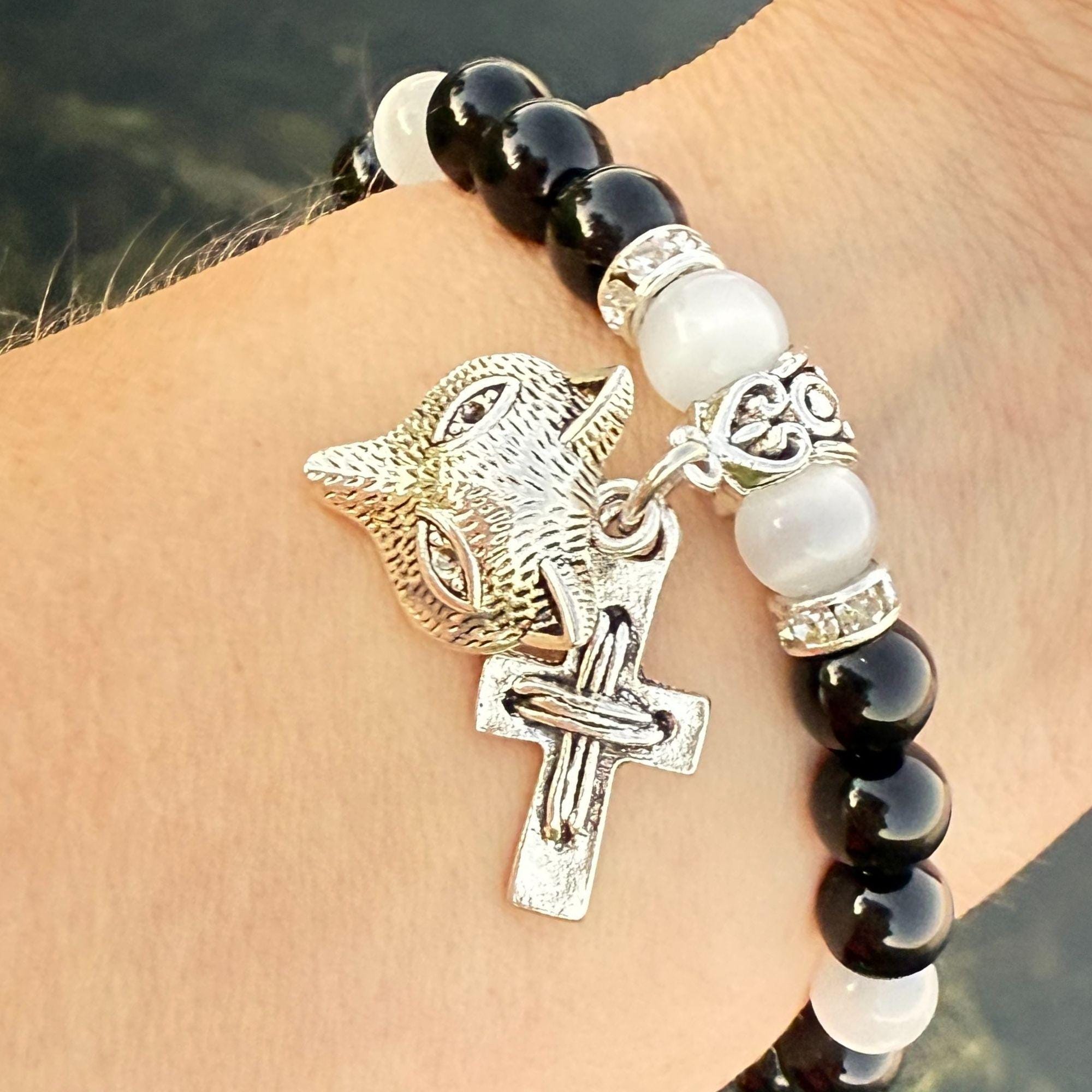 Wolf & Cross Gemstone Bracelet – Spiritual Amulet Jewelry Gift for Women
