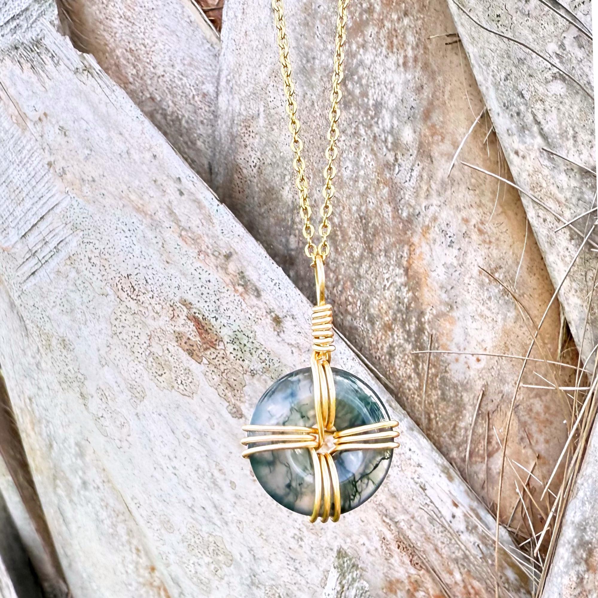 Celtic Cross Amulet in Green Moss Agate - 18 Inch Necklace - Fortune Donut Gemstone