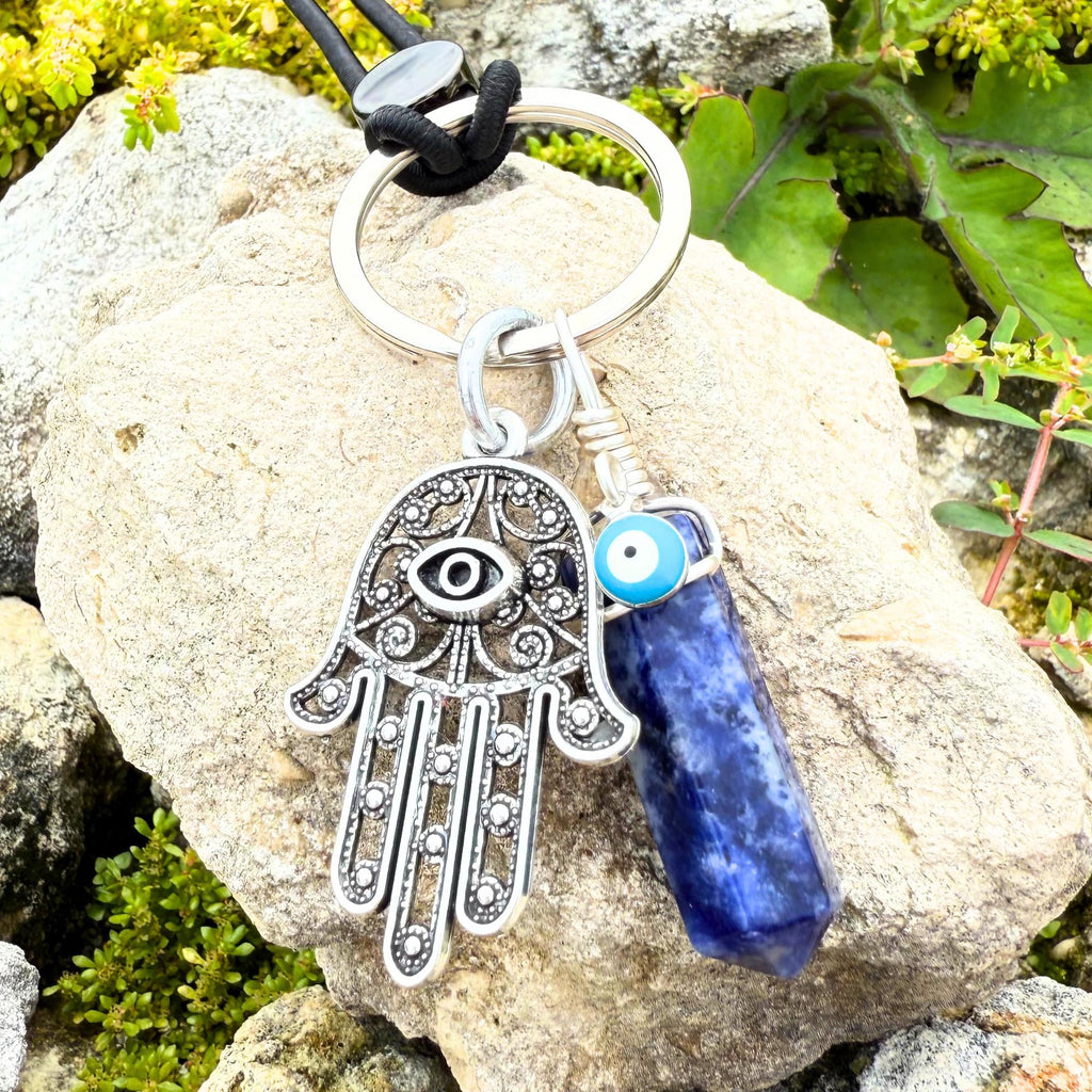 Sodalite Crystal Hamsa Hand Keychain – Evil Eye Car Charm Amulet