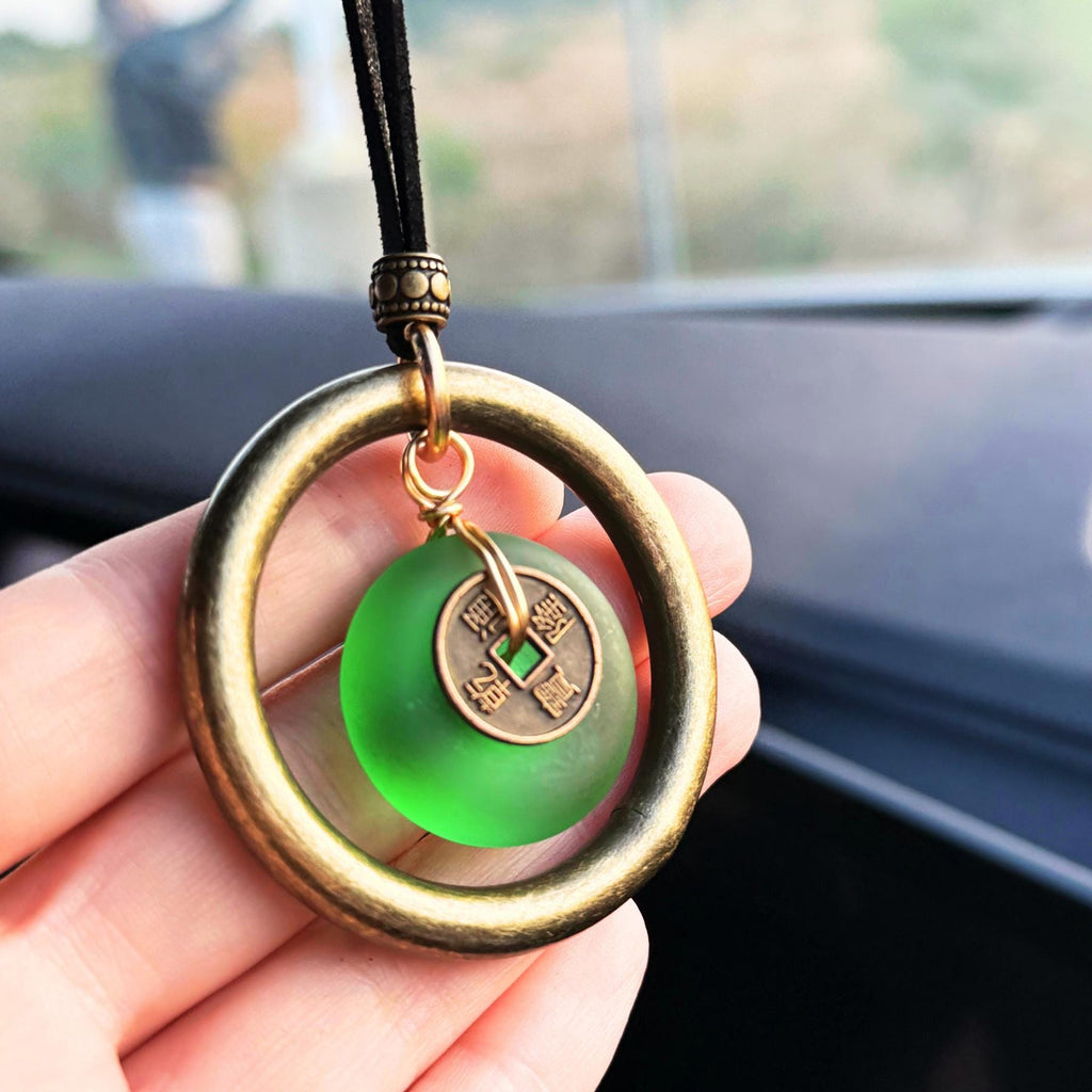 Sea Glass Car Charm: Dragon Lucky Coin Amulet - Wheel of Fortune Protection