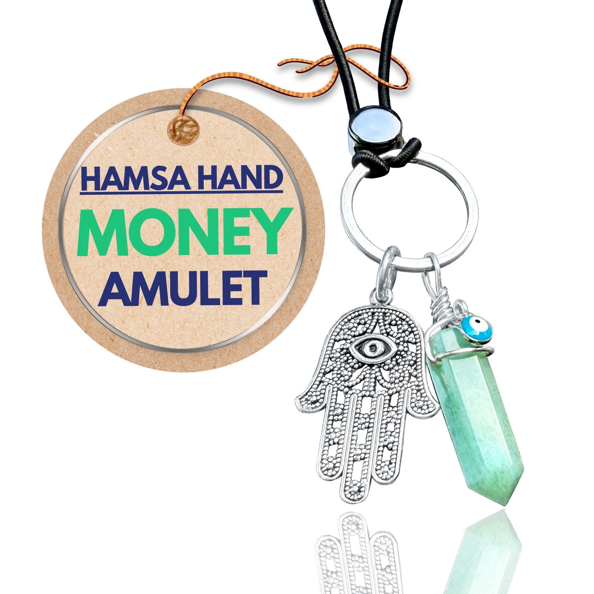 Money Talisman Hamsa Hand Keychain - Green Quartz Crystal - Evil Eye Amulet