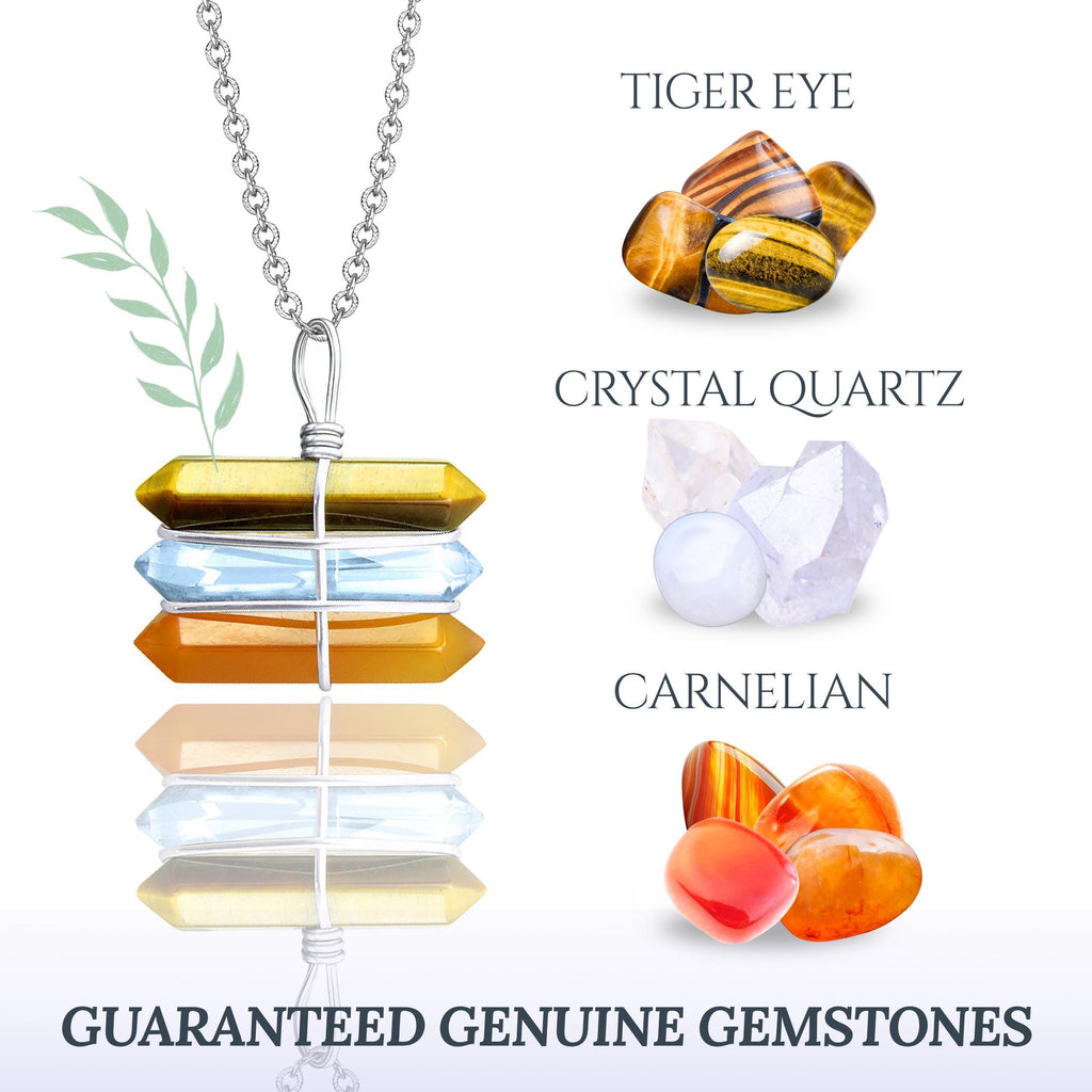 Triple Crystal Point Pendant Necklace - Tiger Eye, Quartz and Carnelian