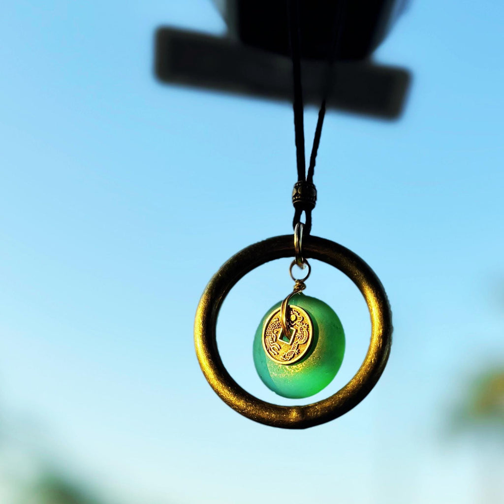 Sea Glass Car Charm: Dragon Lucky Coin Amulet - Wheel of Fortune Protection