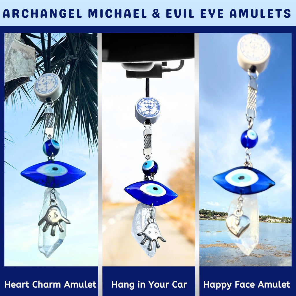 Archangel Michael Car Charm: Evil Eye Quartz Crystal Amulet
