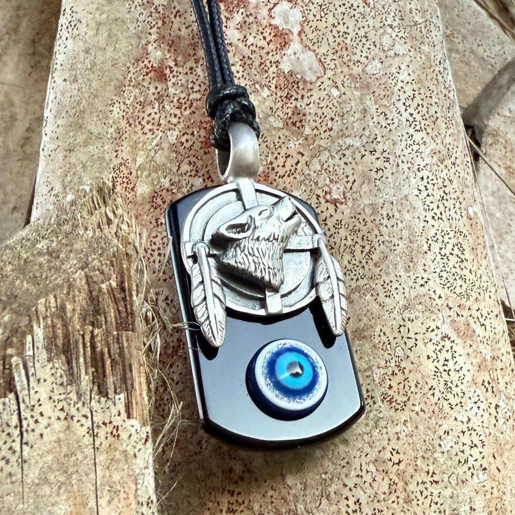 Black Agate Wolf Dreamcatcher Necklace – Evil Eye Protection Amulet