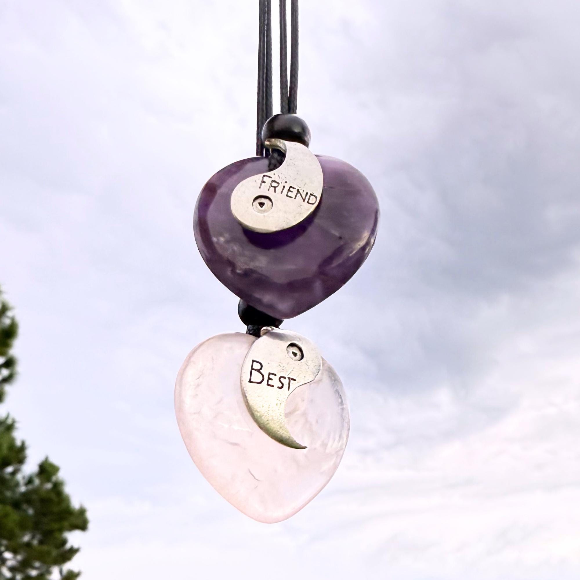 Amethyst and Rose Quartz Puffy Crystal Heart Donuts - Yin Yang Good Luck Friendship Amulets