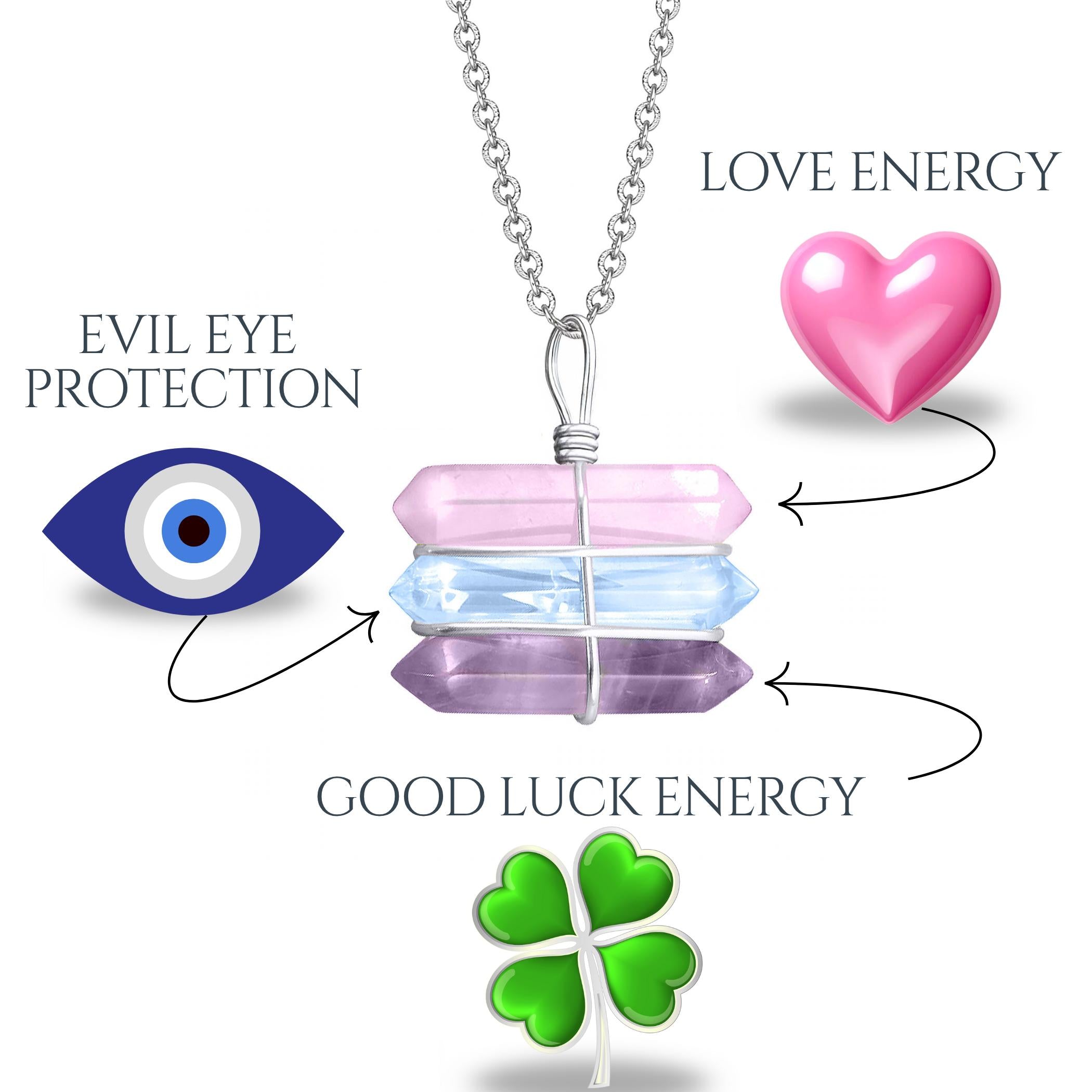 Triple Crystal Point Necklace – Amethyst, Rose and Clear Rock Quartz Amulet