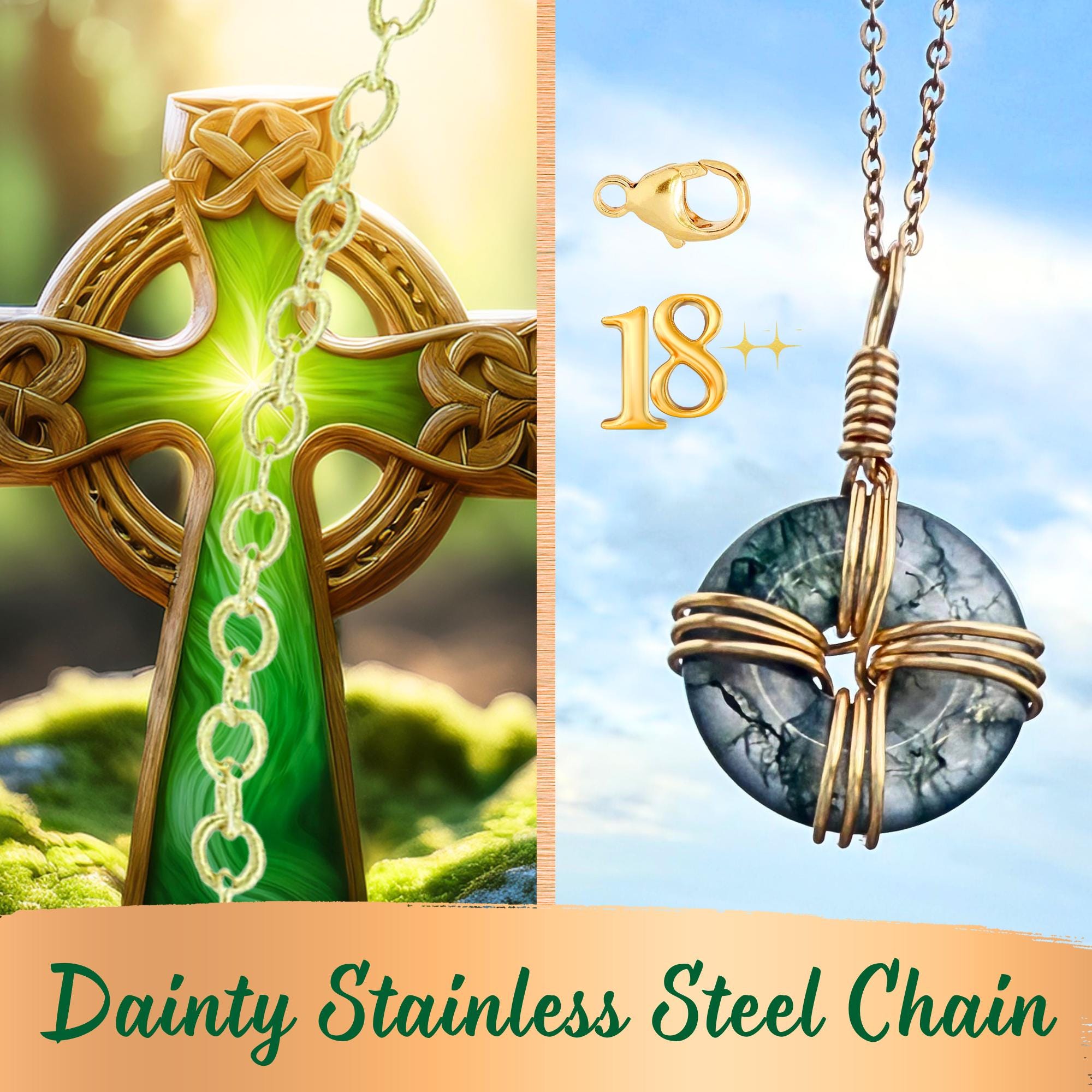 Celtic Cross Amulet in Green Moss Agate - 18 Inch Necklace - Fortune Donut Gemstone