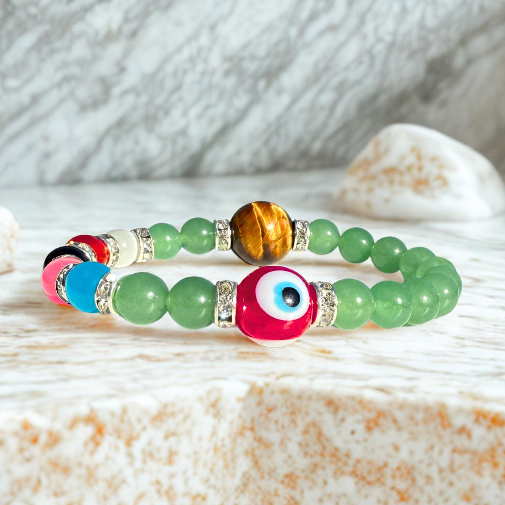 Green Quartz Money Talisman Bracelet – Tiger Eye and Evil Eye Amulet