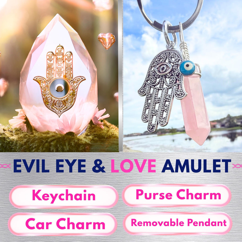 Love Amulet Hamsa Hand Keychain - Rose Quartz Crystal - Evil Eye Talisman - Car Hanging Ornament