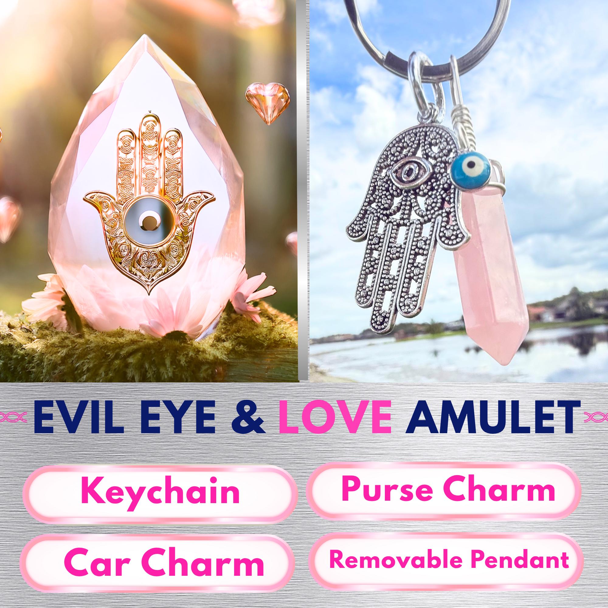 Love Amulet Hamsa Hand Keychain - Rose Quartz Crystal - Evil Eye Talisman - Car Hanging Ornament