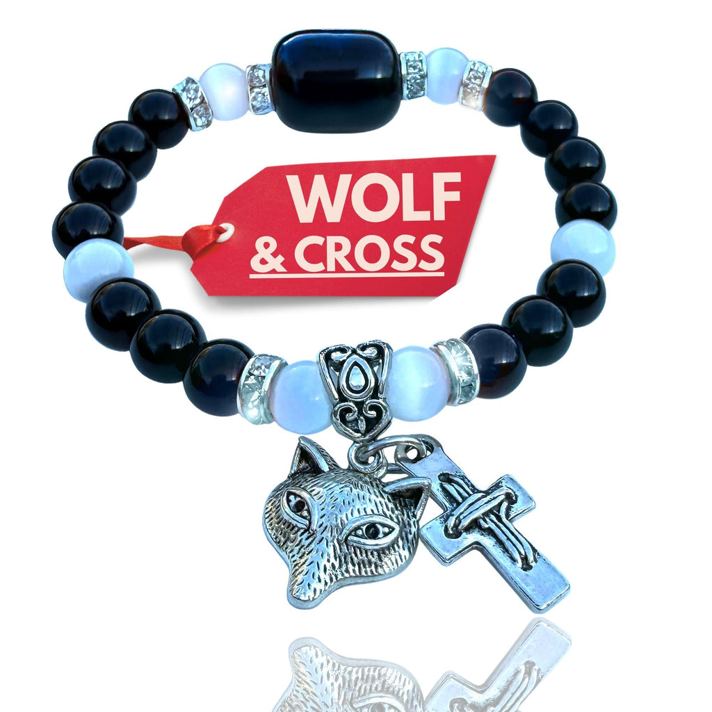 Wolf & Cross Gemstone Bracelet – Spiritual Amulet Jewelry Gift for Women