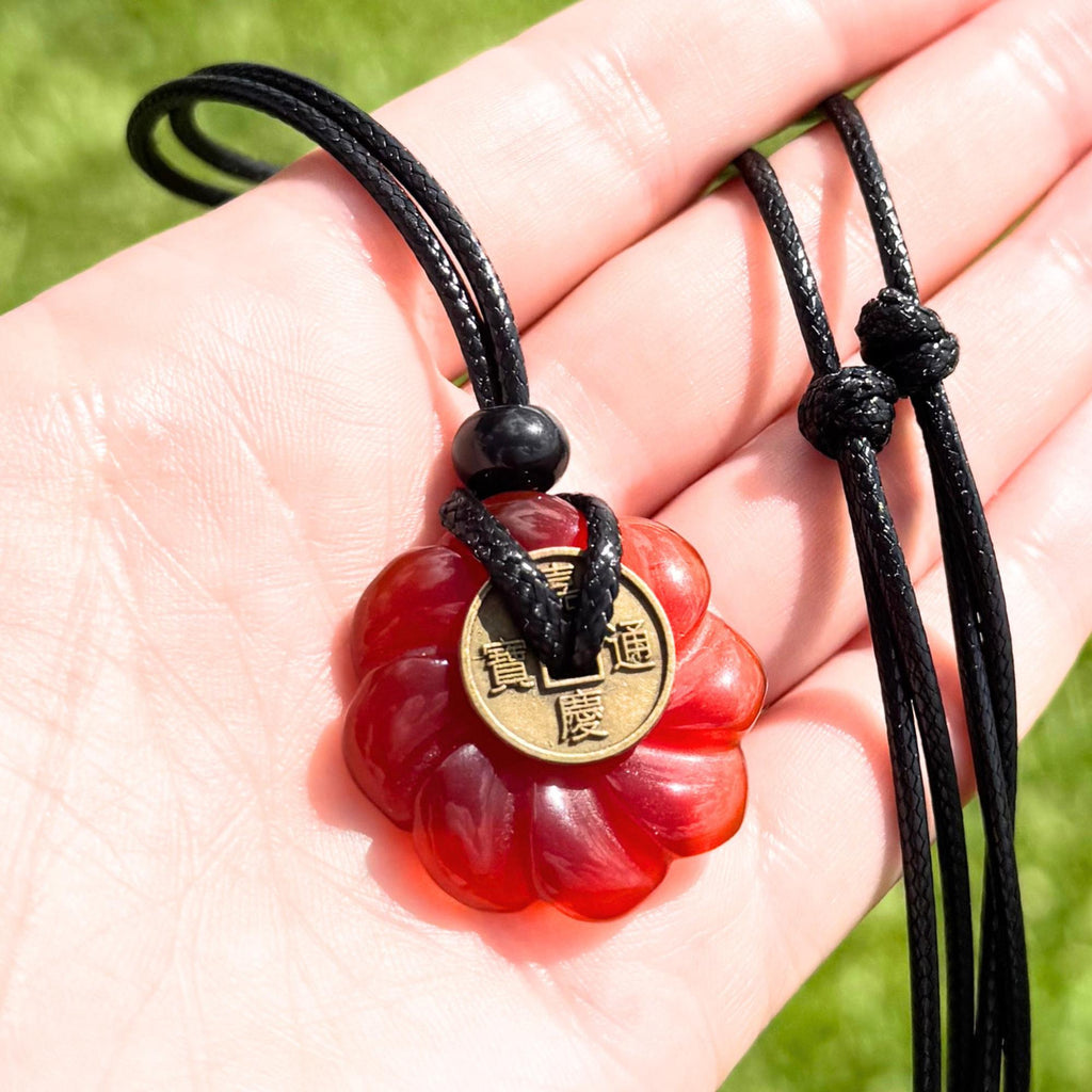 Celtic Lotus Carnelian Lucky Coin Donut Amulet Necklace - Feng Shui Spiritual Protection Energy Jewelry
