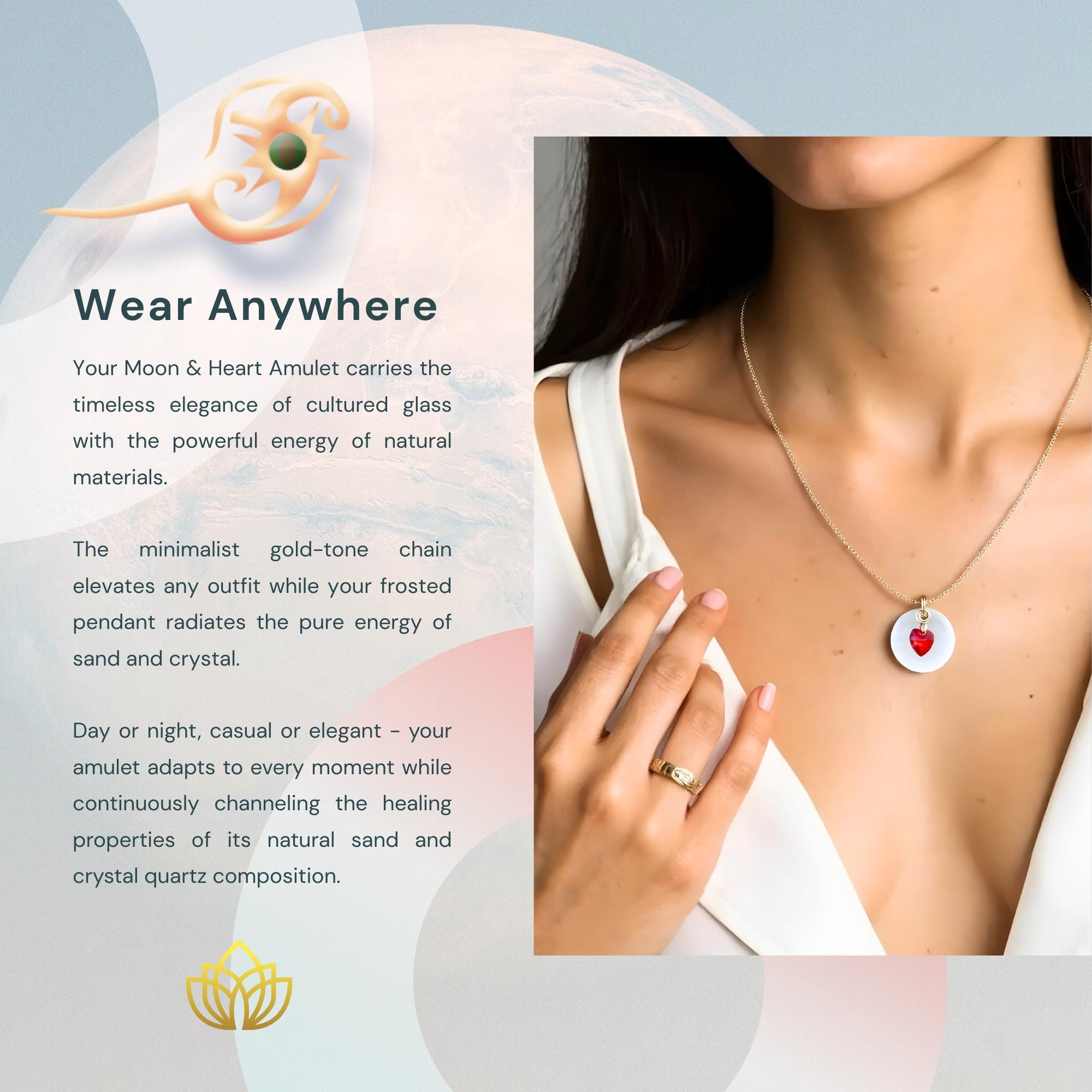 Sea Glass Moon Necklace - Red Crystal Heart Amulet - Beach Fashion