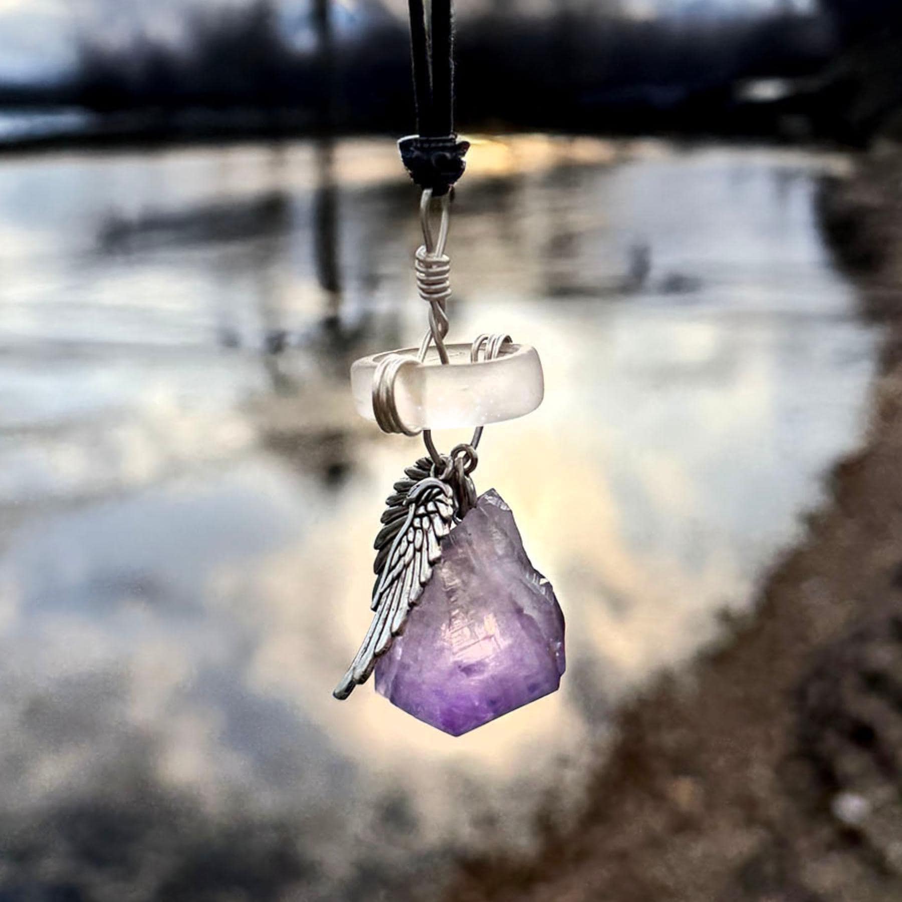 Amethyst Angel Wings Car Charm: Sea Glass Amulet - Travel Protection