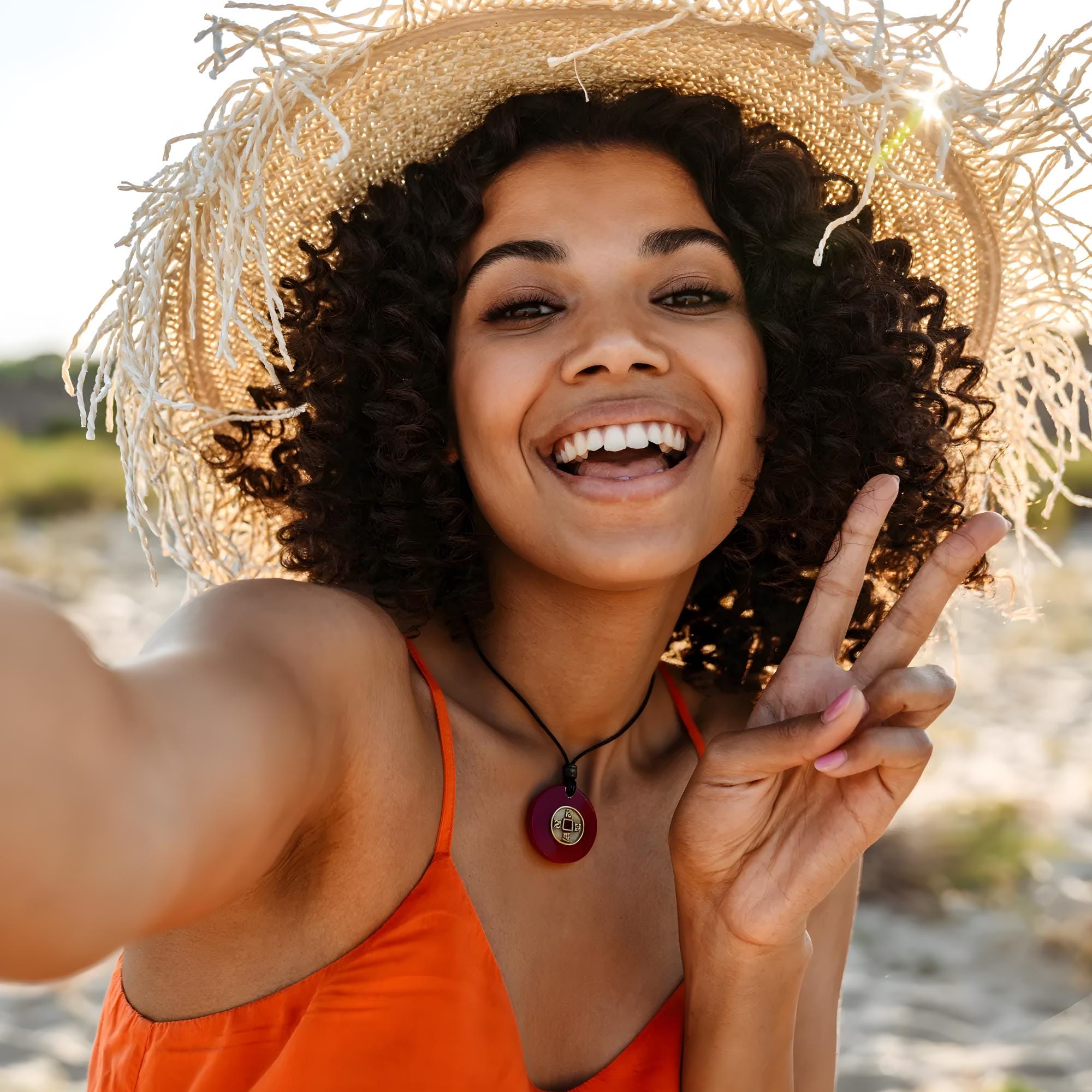 Carnelian Lucky Coin Necklace - Brass Fortune Amulet Adjustable Choker
