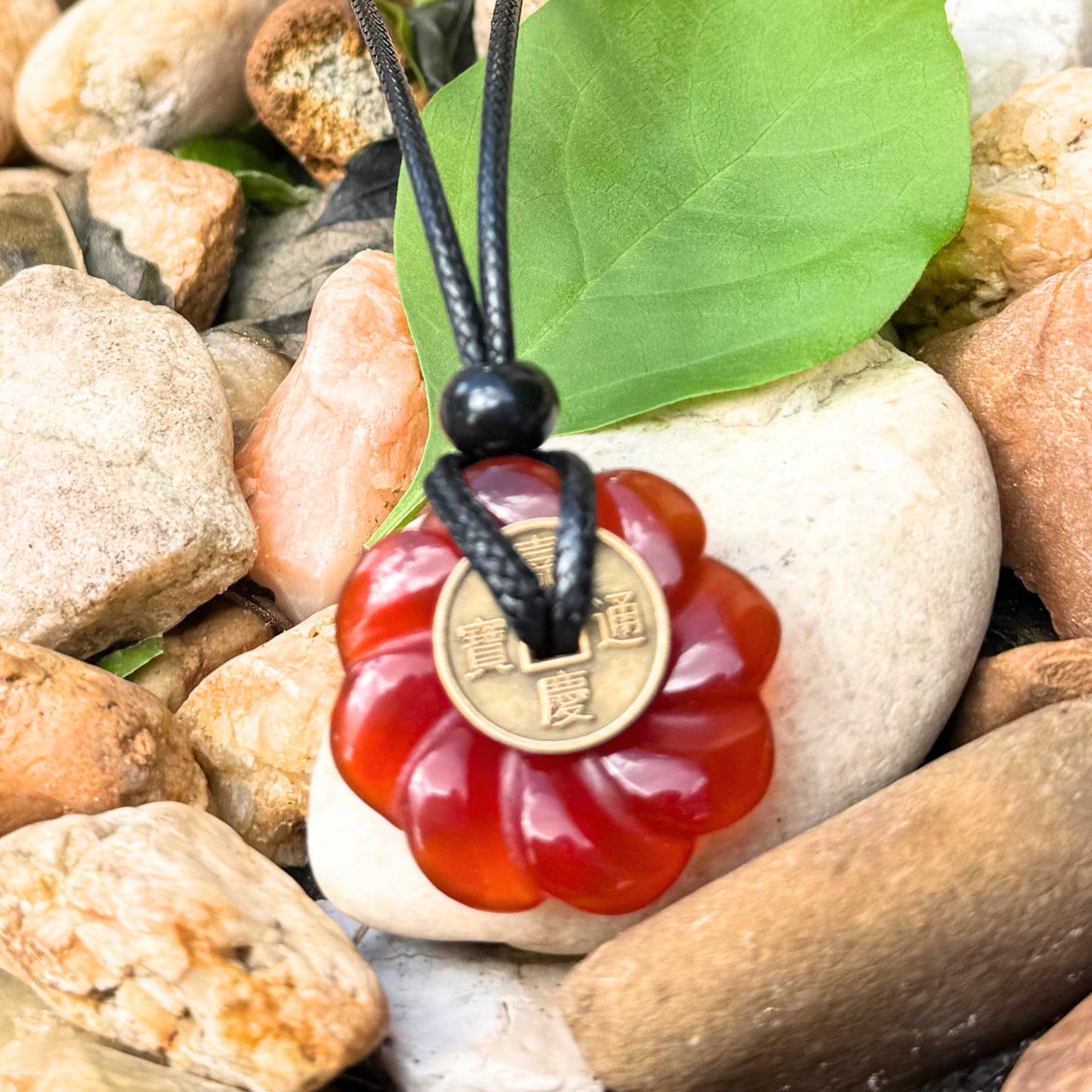 Celtic Lotus Carnelian Lucky Coin Donut Amulet Necklace - Feng Shui Spiritual Protection Energy Jewelry