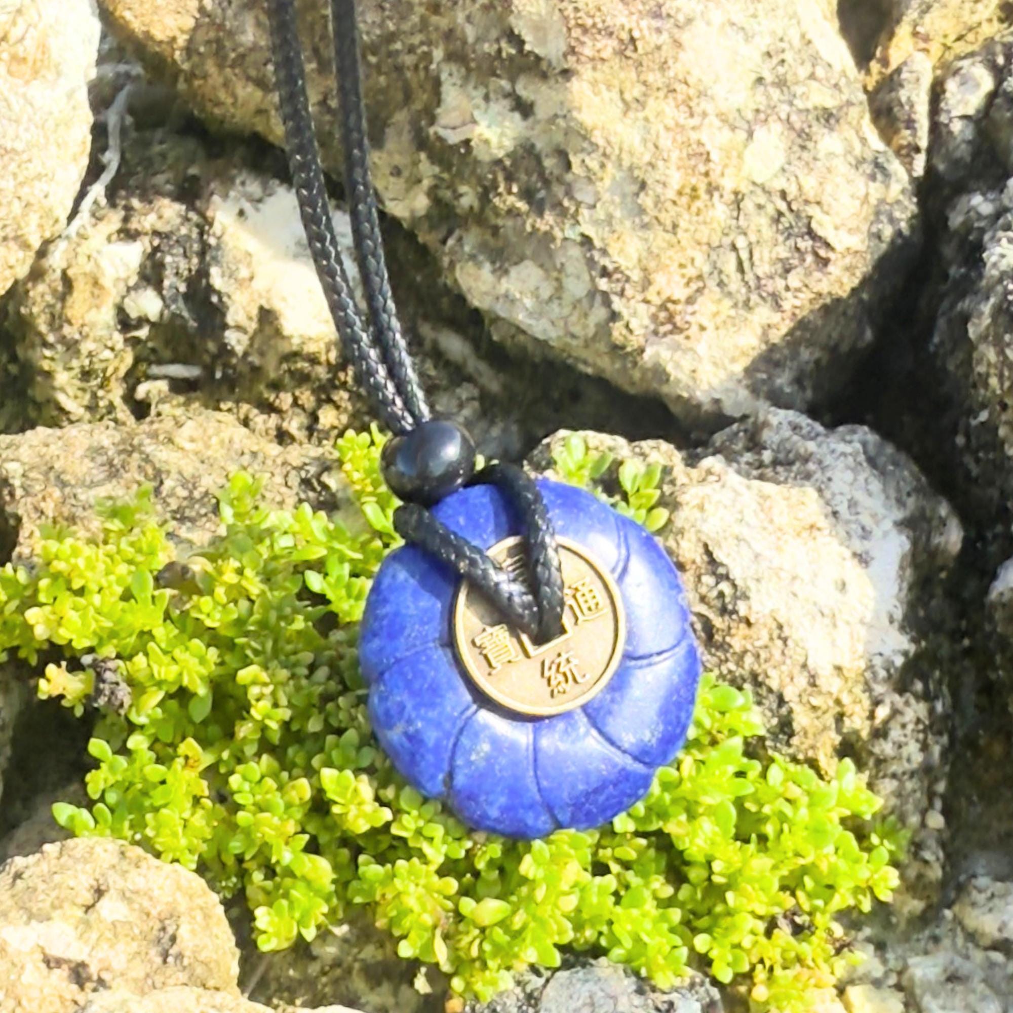 Lapis Lazuli Celtic Lotus Flower Lucky Coin Necklace Amulet - Feng Shui Spiritual Talisman