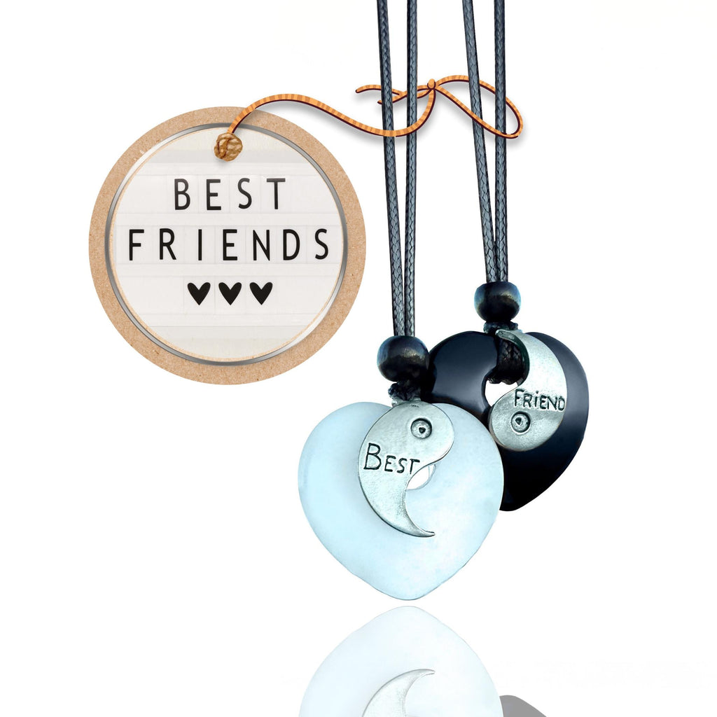 Yin Yang Heart Necklace Set – White Quartz & Black Agate Friendship Amulets
