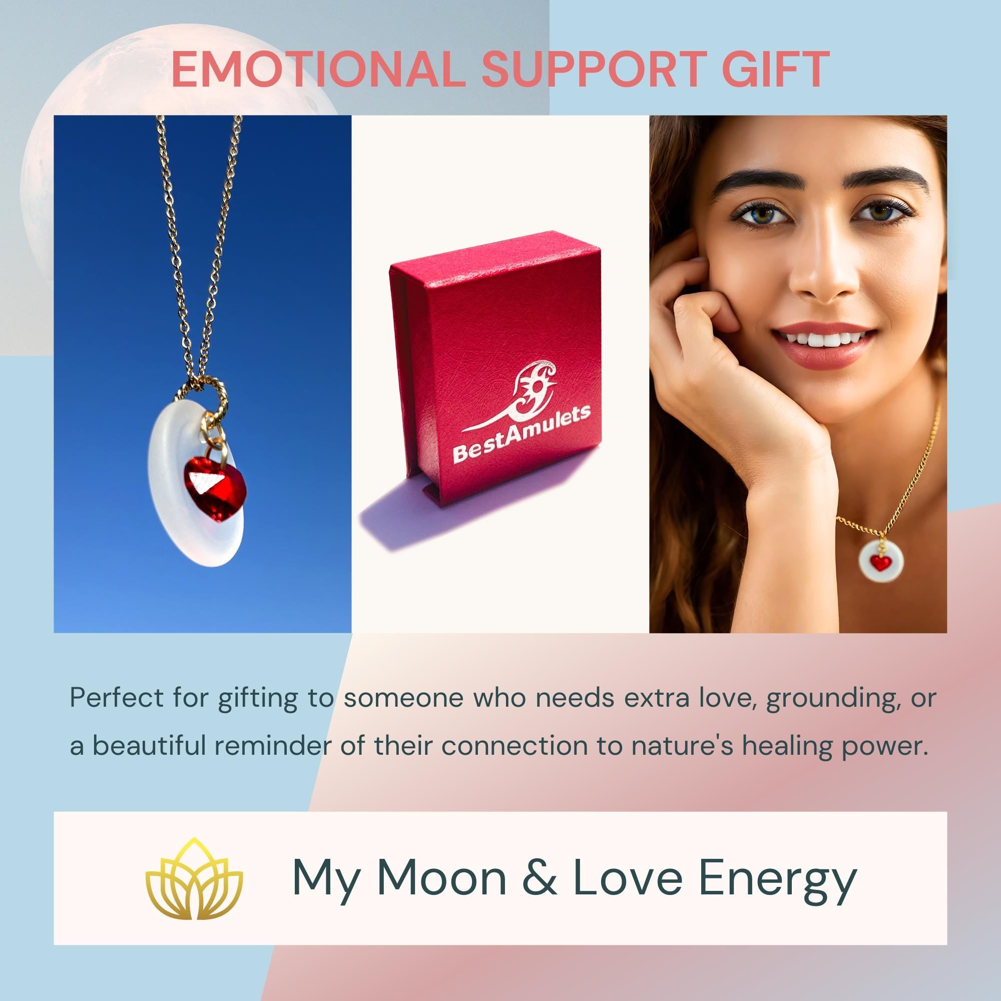 Sea Glass Moon Necklace - Red Crystal Heart Amulet - Beach Fashion