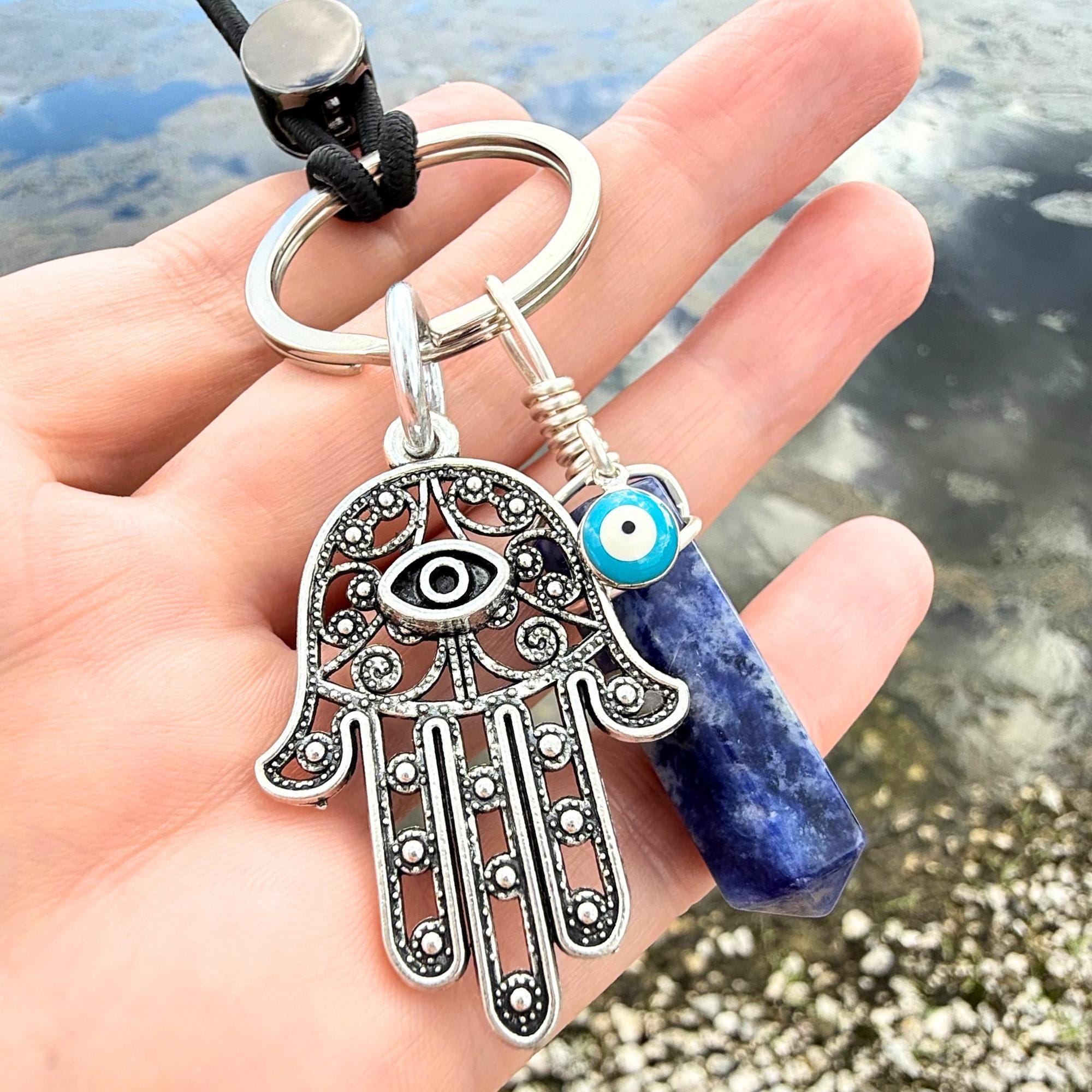 Sodalite Crystal Hamsa Hand Keychain – Evil Eye Car Charm Amulet