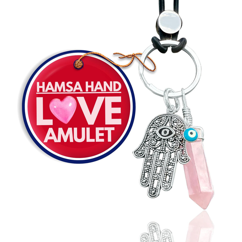 Love Amulet Hamsa Hand Keychain - Rose Quartz Crystal - Evil Eye Talisman - Car Hanging Ornament