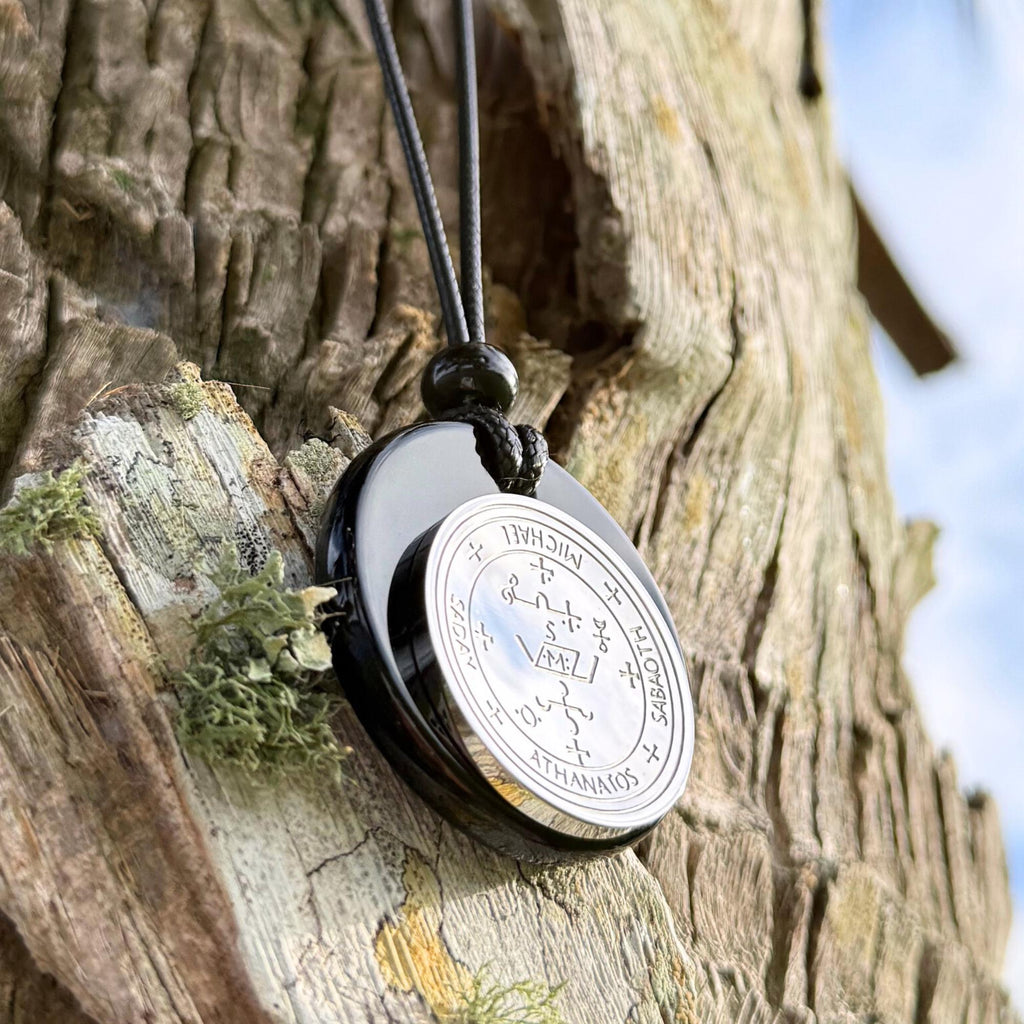 Archangel Sigil Amulet Necklace - Michael Gabriel Raphael Uriel - Genuine Black Agate Medallion