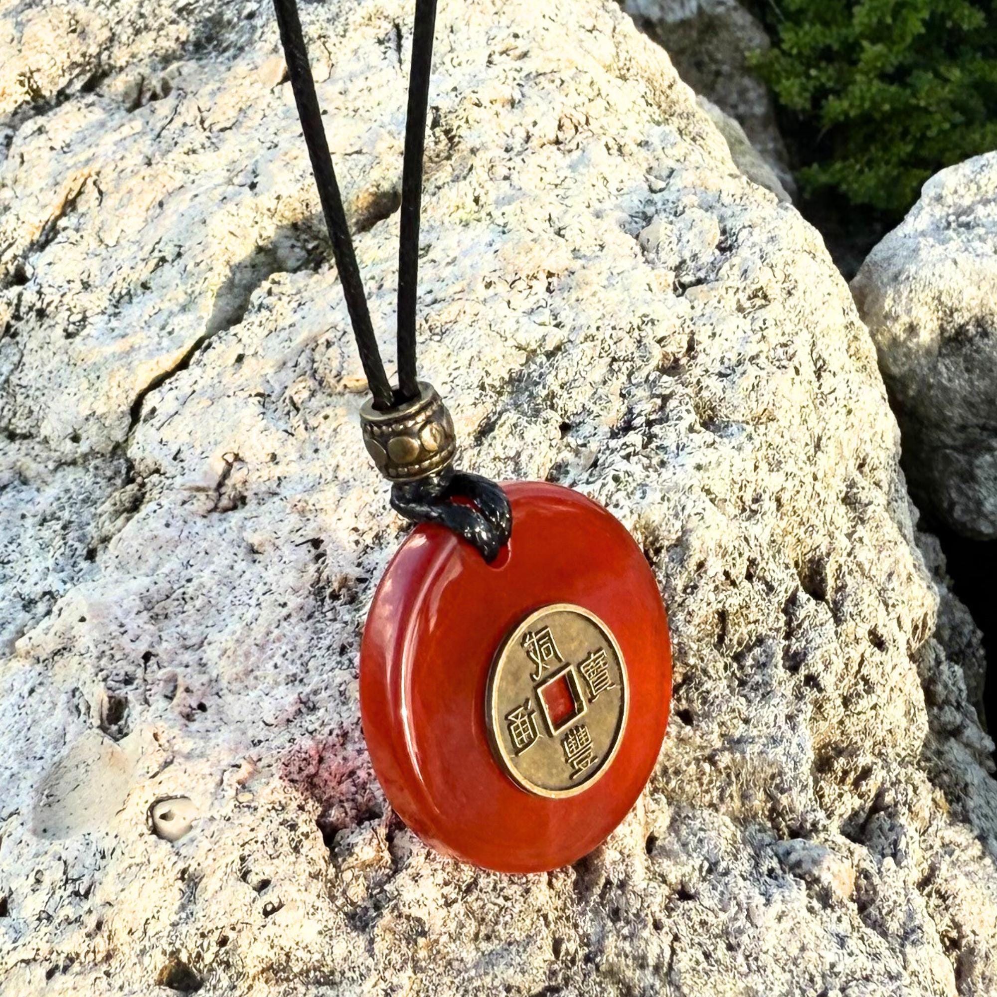 Carnelian Lucky Coin Necklace - Brass Fortune Amulet Adjustable Choker