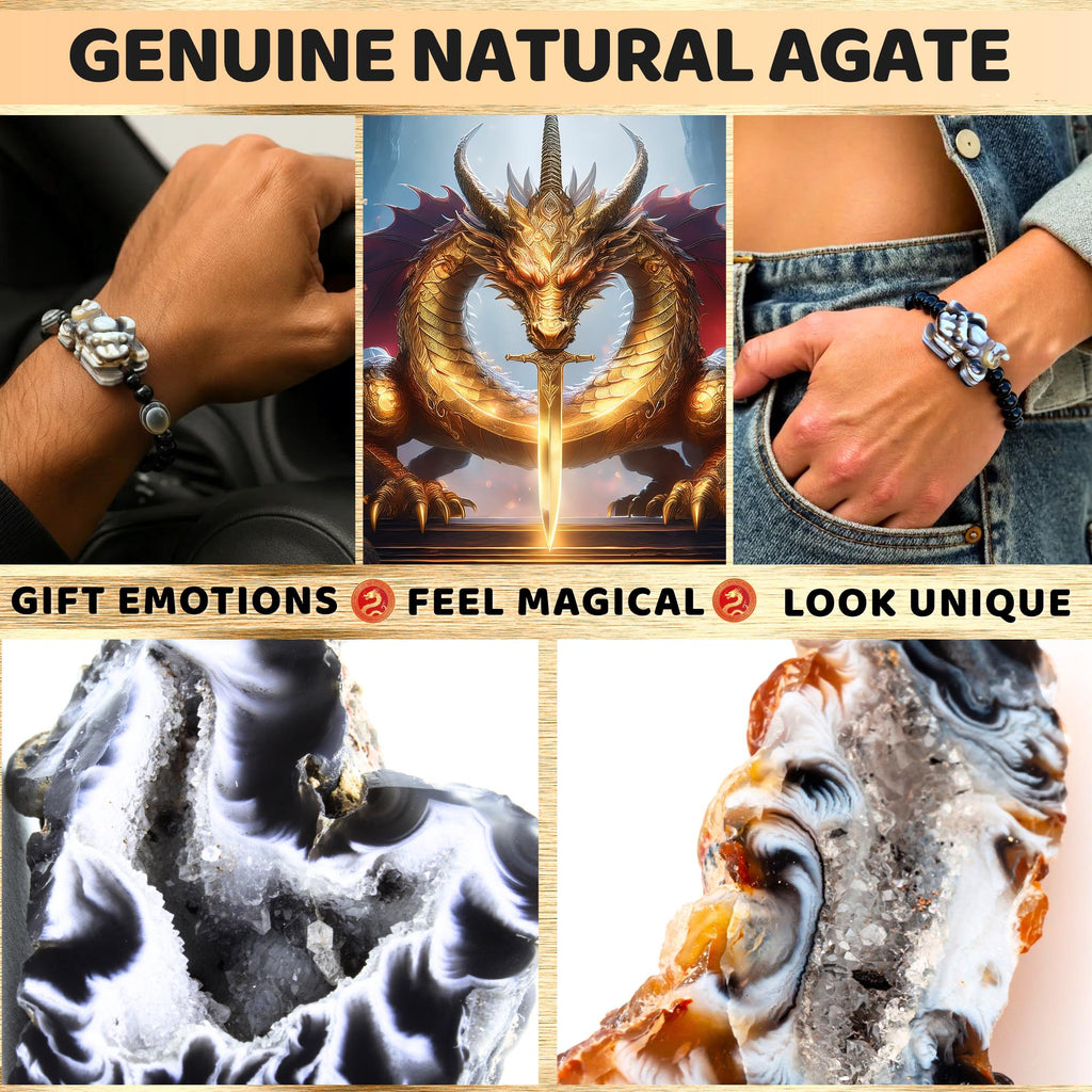 Dragon Carved Agate Bracelet - Matching Couples Set - Natural His Hers Amulets - Spiritual Protection Jewelry