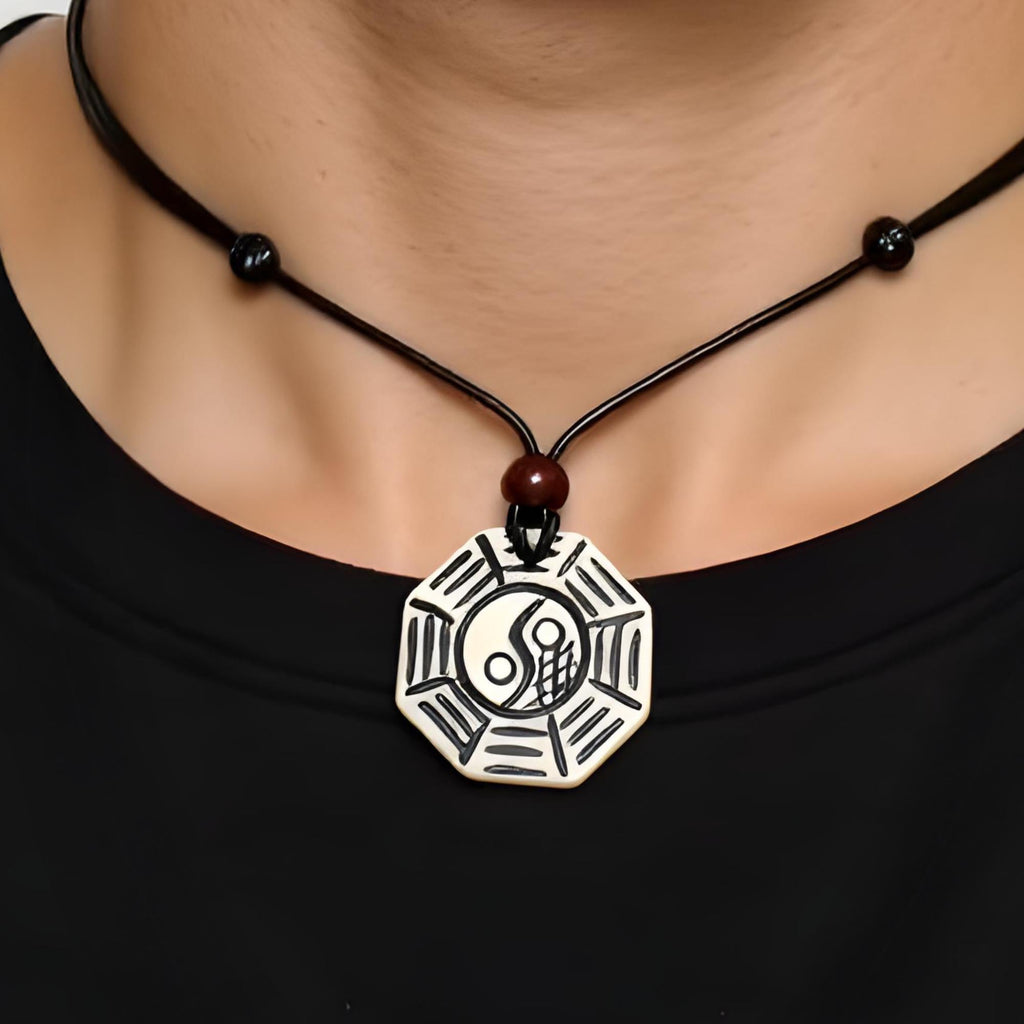 Reversible Yin Yang Necklace - White Yak Bone BaGua Spiritual Protection Amulet