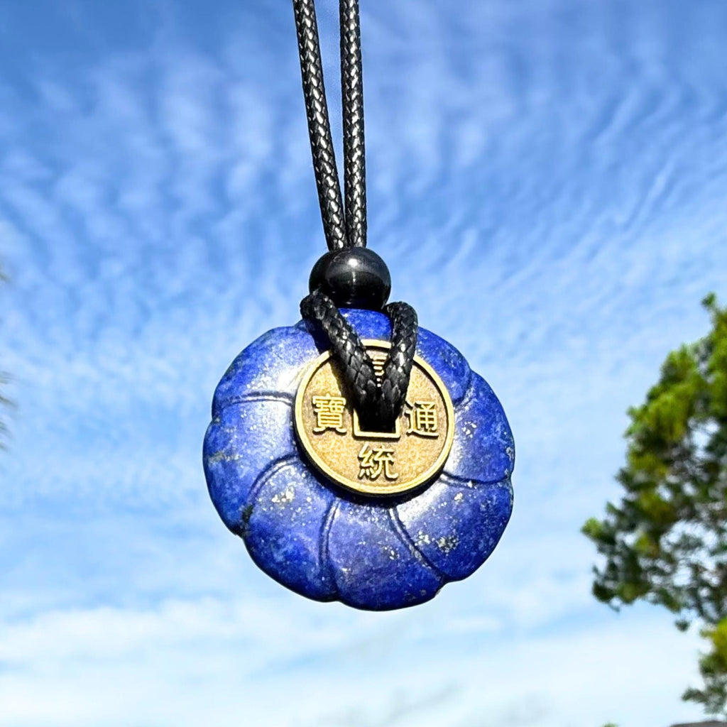 Lapis Lazuli Celtic Lotus Flower Lucky Coin Necklace Amulet - Feng Shui Spiritual Talisman
