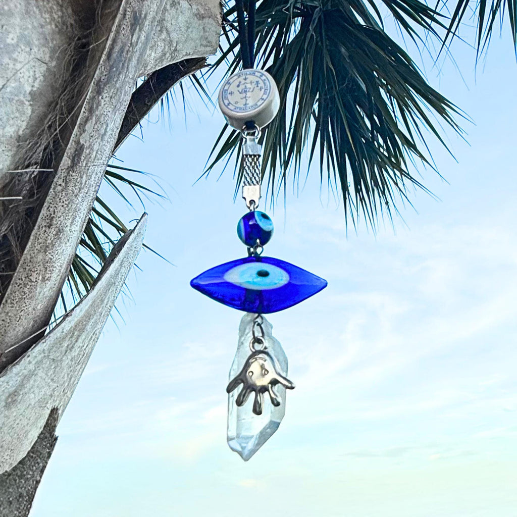 Archangel Michael Car Charm: Evil Eye Quartz Crystal Amulet